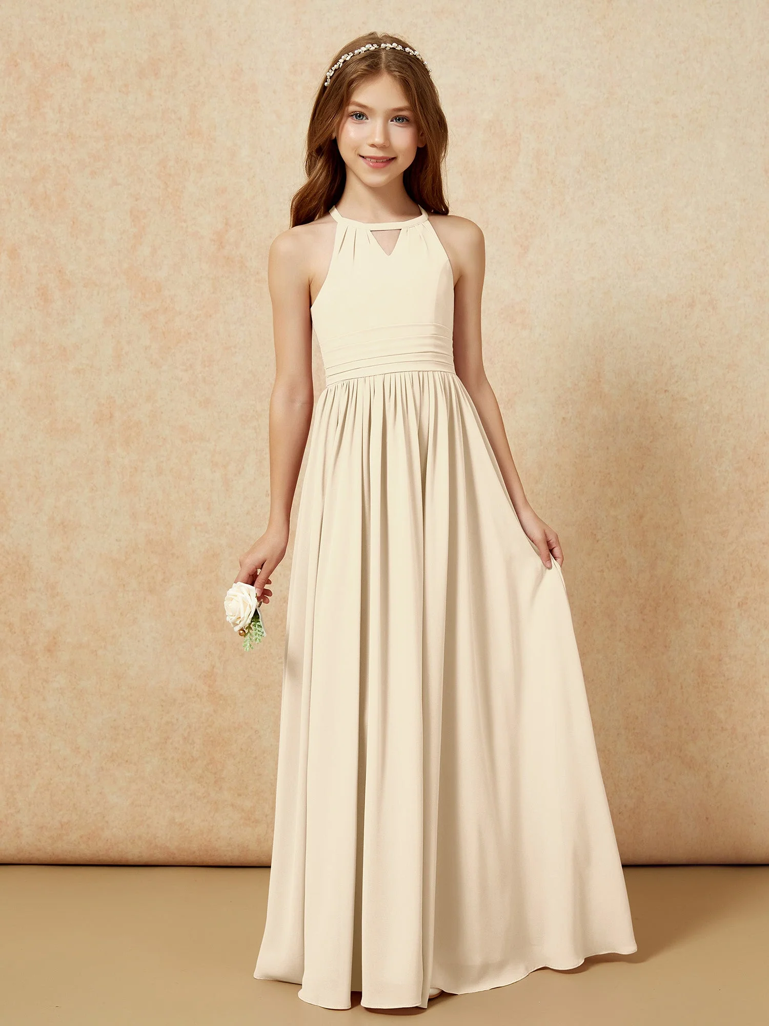 Halshalter Ärmellos Lang Chiffon Junge Brautjungfernkleider Champagner