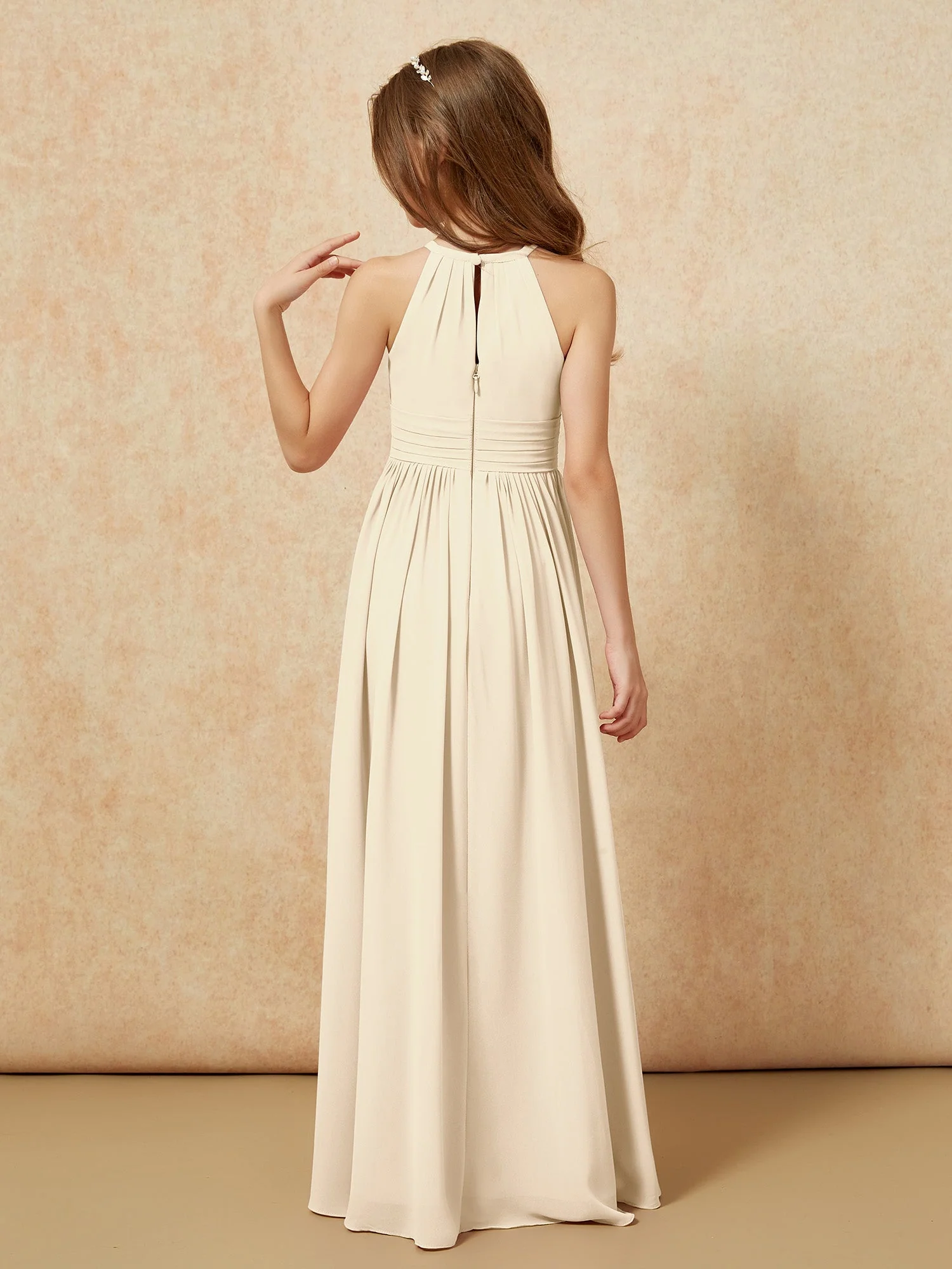 Halshalter Ärmellos Lang Chiffon Junge Brautjungfernkleider Champagner - Image 2