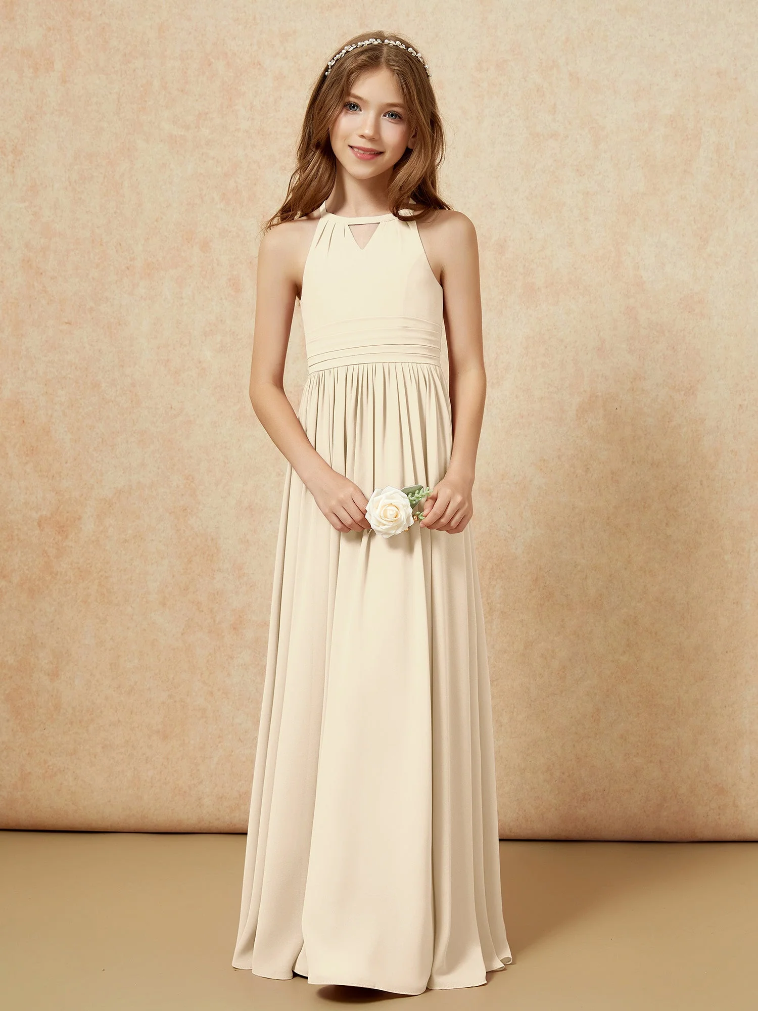 Halshalter Ärmellos Lang Chiffon Junge Brautjungfernkleider Champagner - Image 5