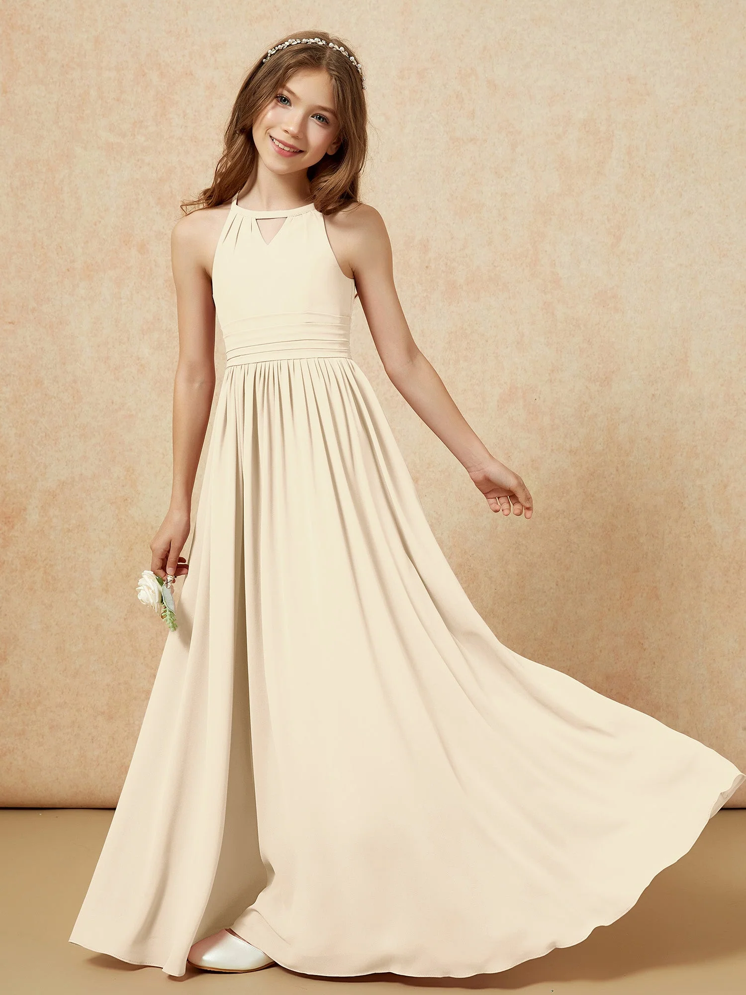 Halshalter Ärmellos Lang Chiffon Junge Brautjungfernkleider Champagner - Image 6