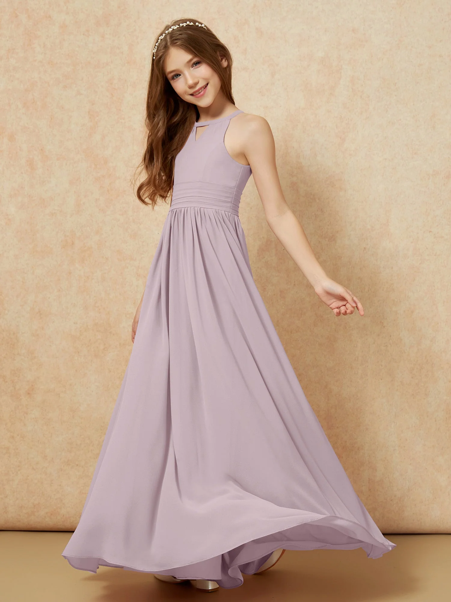 Halshalter Ărmellos Lang Chiffon Junge Brautjungfernkleider DĂ€mmerung - Image 3