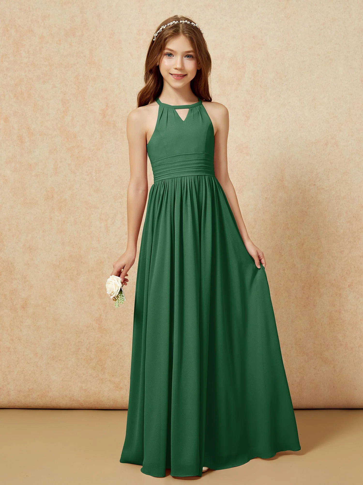 Halshalter Ärmellos Lang Chiffon Junge Brautjungfernkleider Dunkelgrün