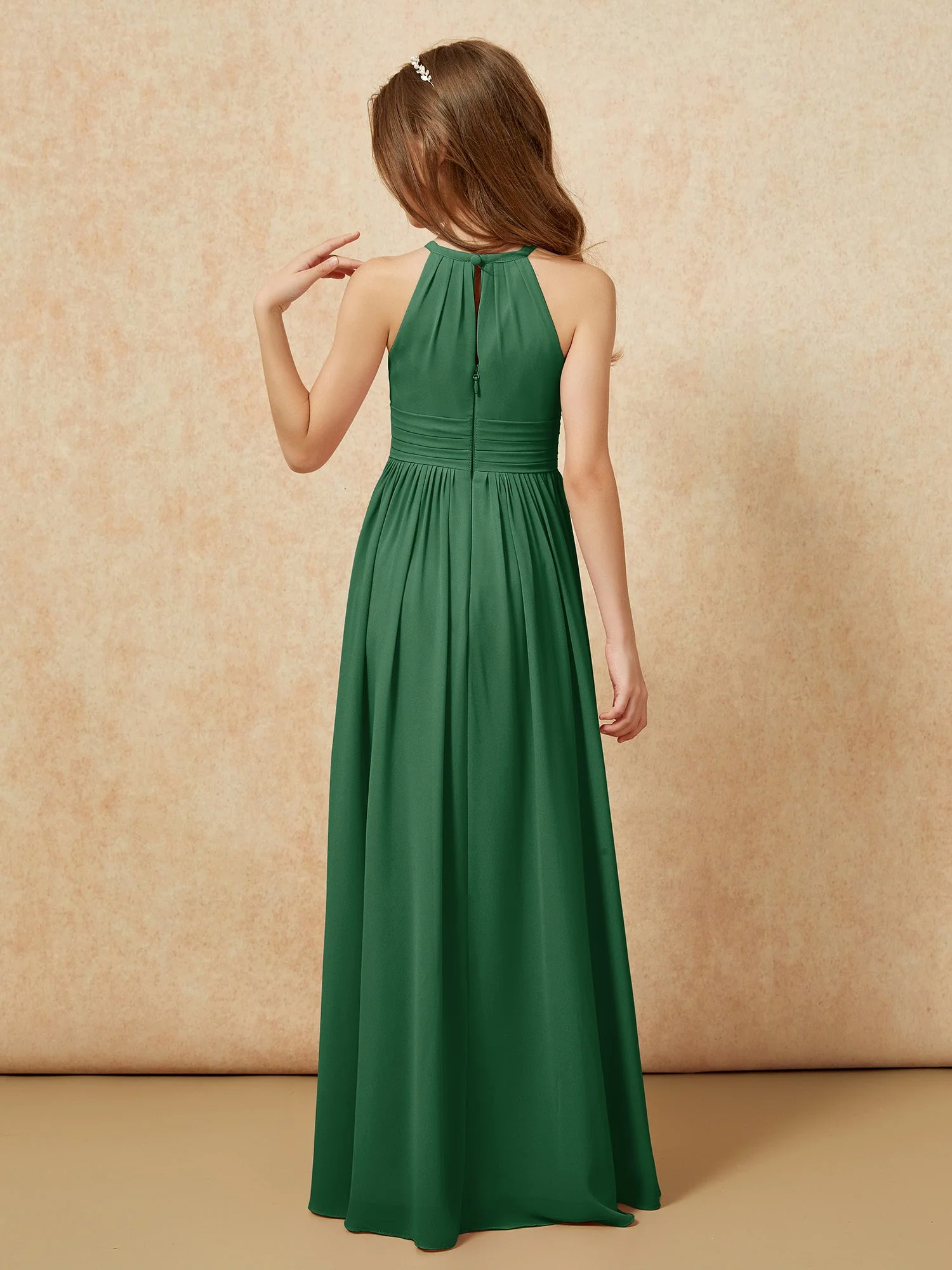 Halshalter Ärmellos Lang Chiffon Junge Brautjungfernkleider Dunkelgrün - Image 2
