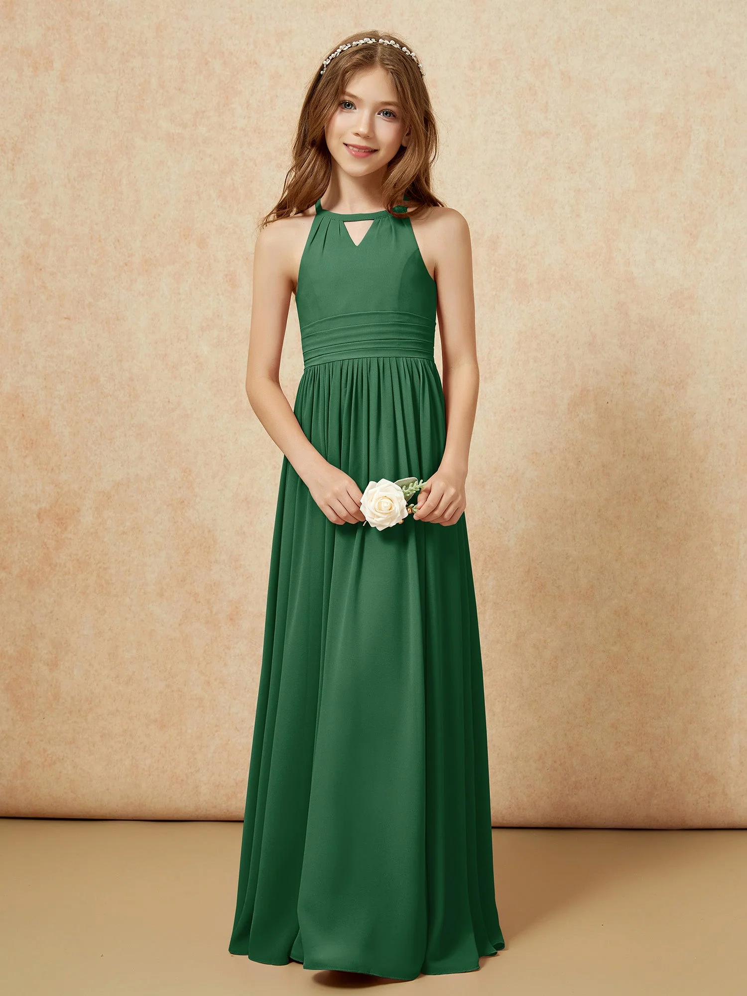 Halshalter Ärmellos Lang Chiffon Junge Brautjungfernkleider Dunkelgrün - Image 5