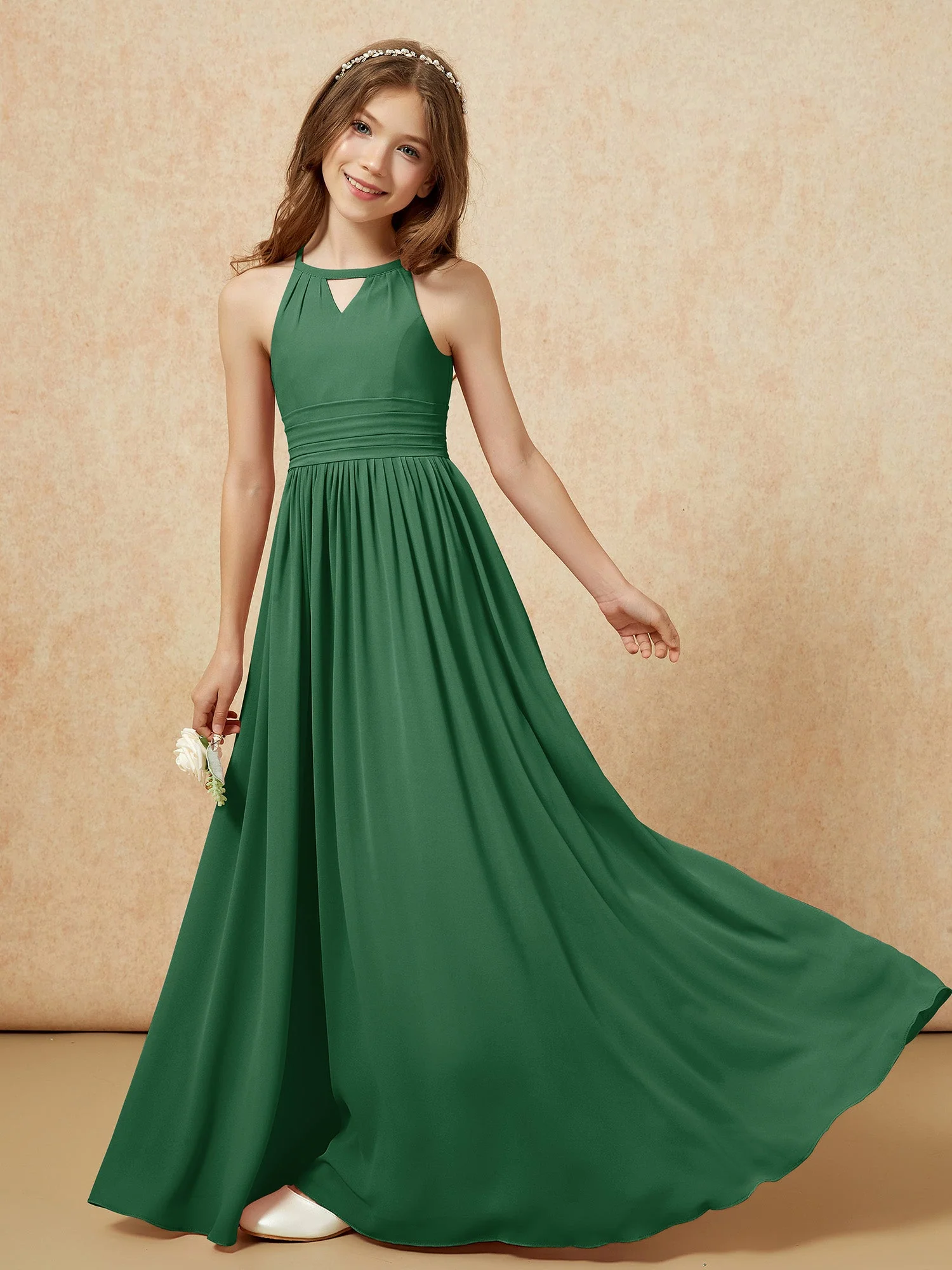 Halshalter Ärmellos Lang Chiffon Junge Brautjungfernkleider Dunkelgrün - Image 6