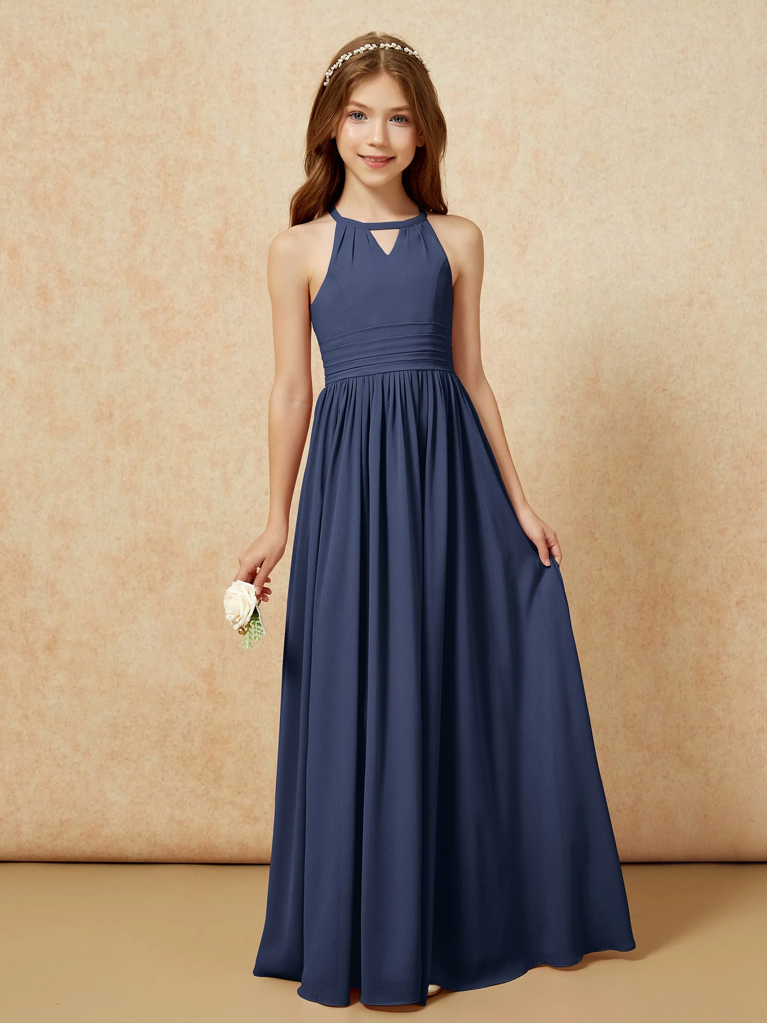Halshalter Ärmellos Lang Chiffon Junge Brautjungfernkleider Dunkelmarine