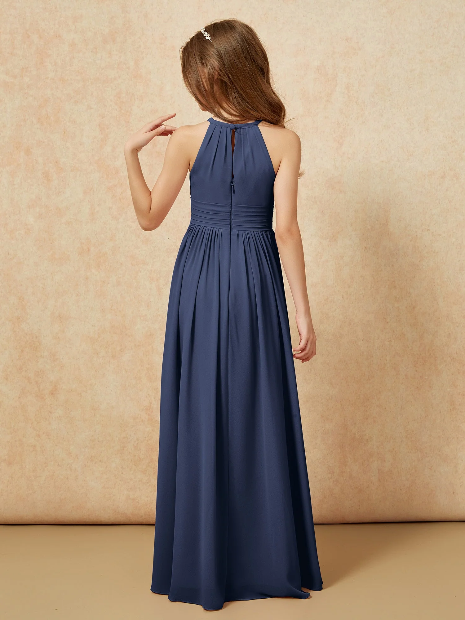 Halshalter Ärmellos Lang Chiffon Junge Brautjungfernkleider Dunkelmarine - Image 2