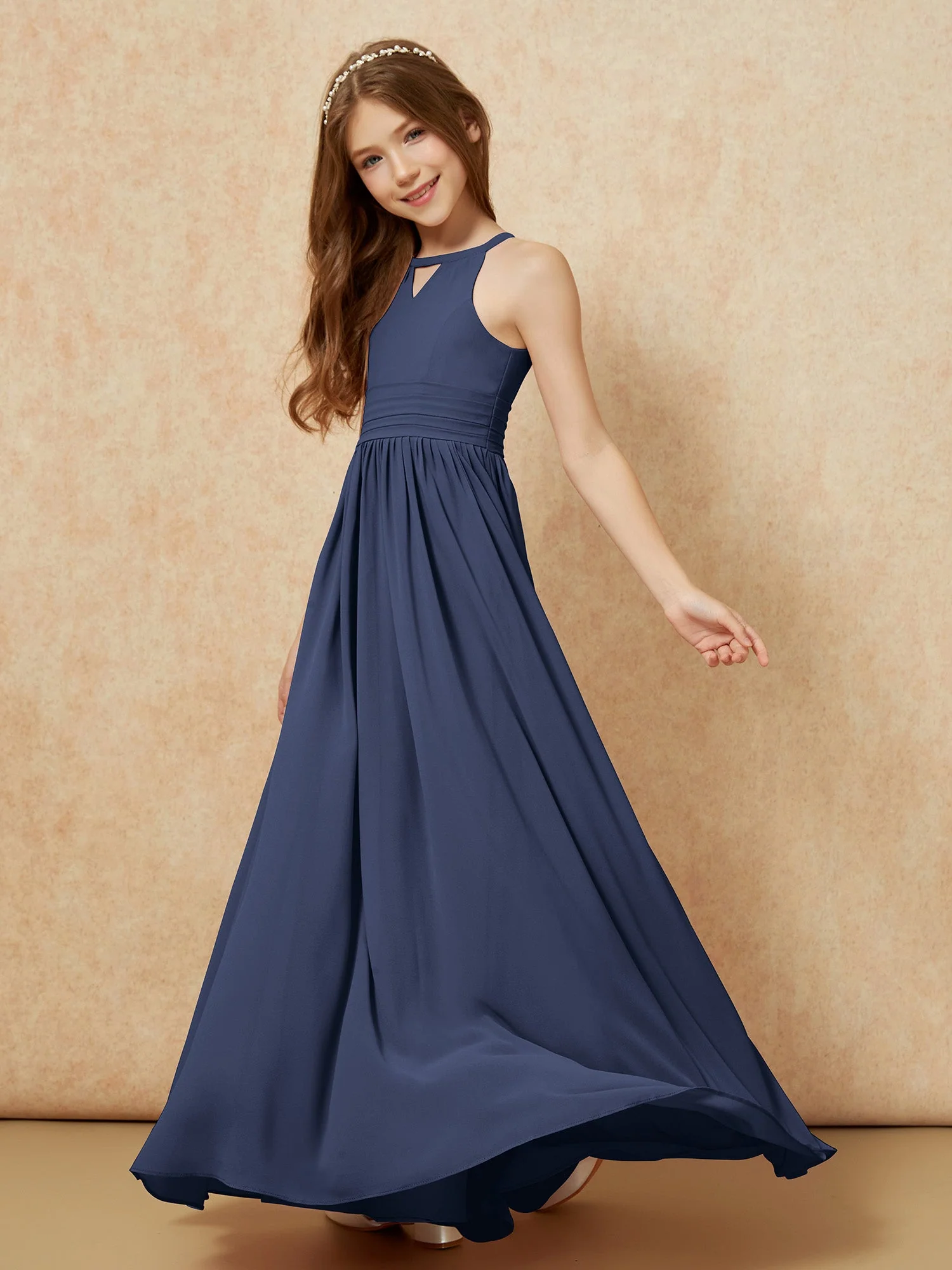 Halshalter Ärmellos Lang Chiffon Junge Brautjungfernkleider Dunkelmarine - Image 3