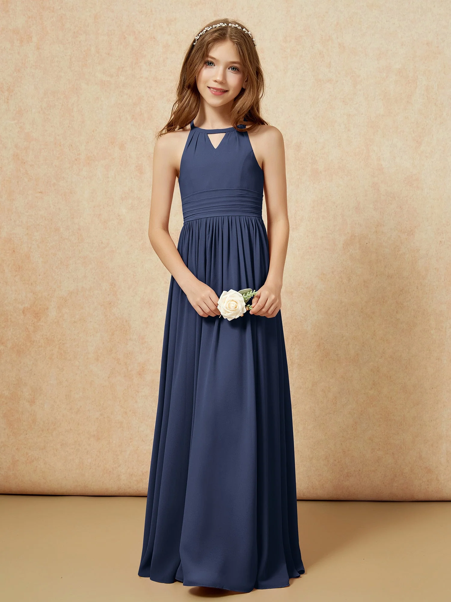 Halshalter Ärmellos Lang Chiffon Junge Brautjungfernkleider Dunkelmarine - Image 5