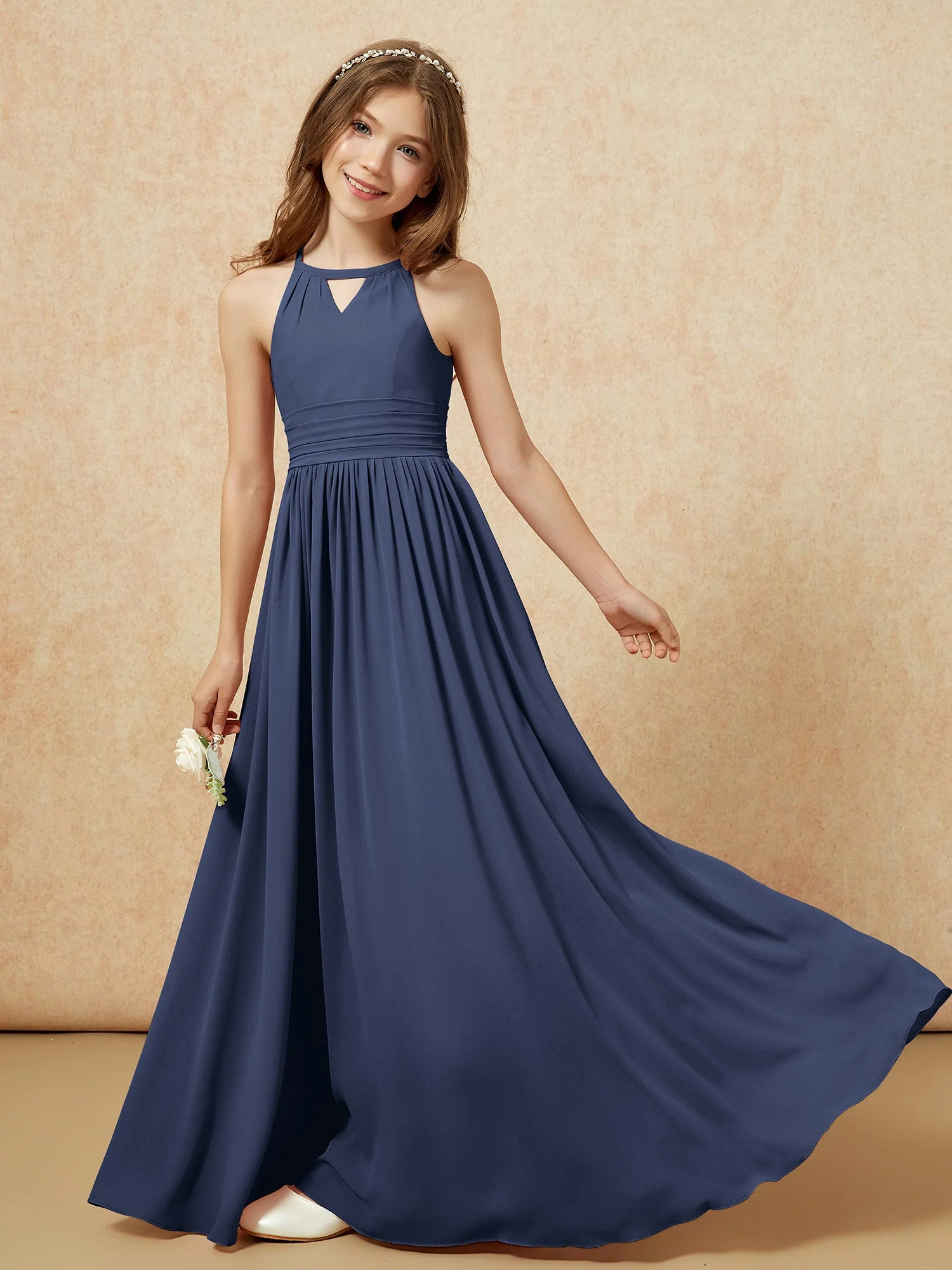 Halshalter Ärmellos Lang Chiffon Junge Brautjungfernkleider Dunkelmarine - Image 6