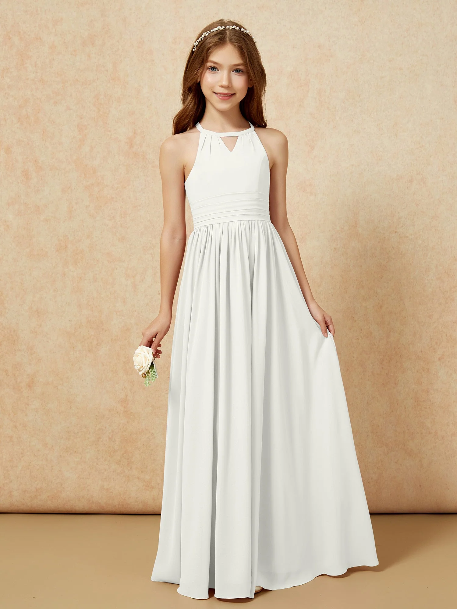 Halshalter Ärmellos Lang Chiffon Junge Brautjungfernkleider Elfenbein