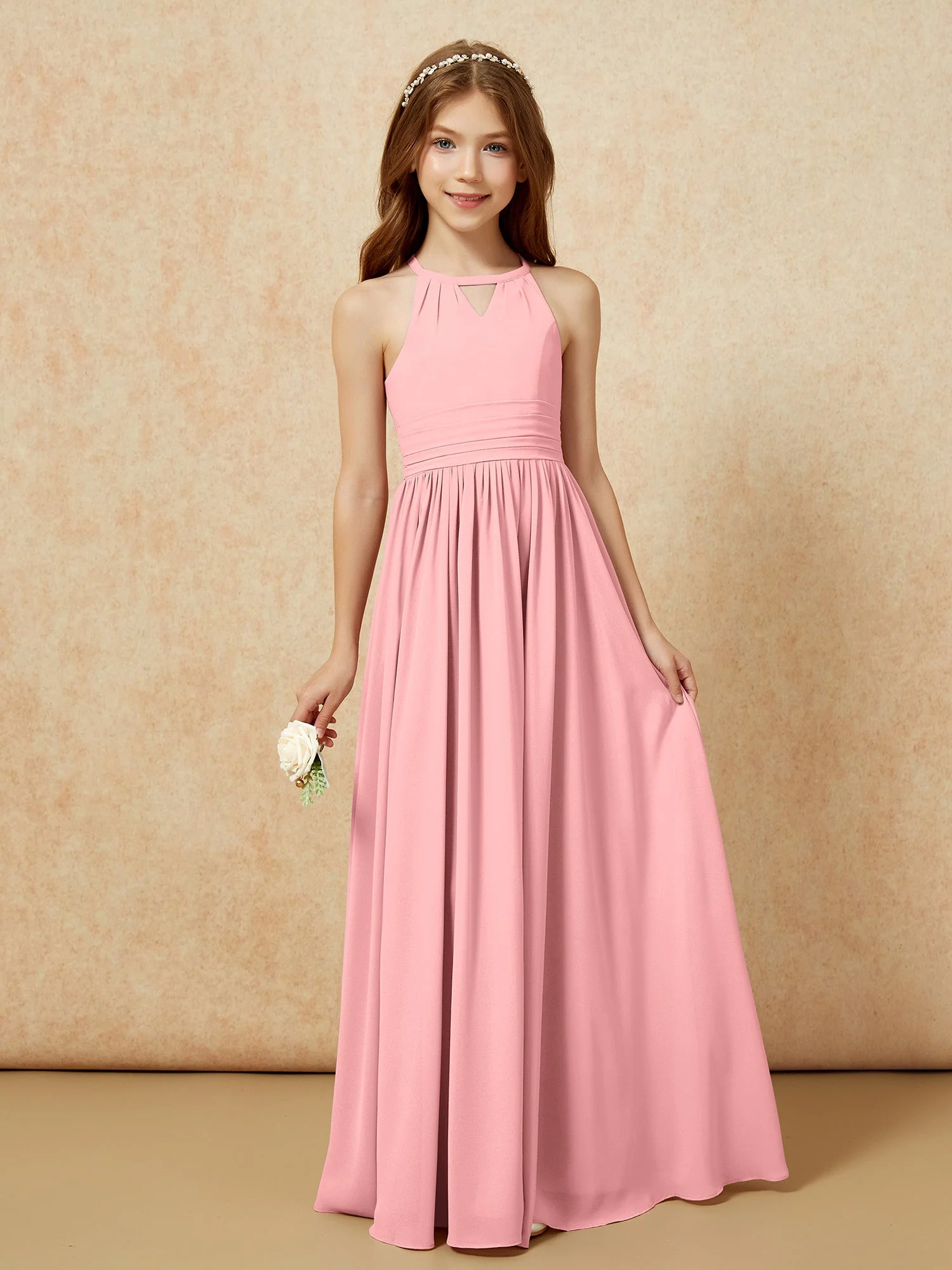 Halshalter Ärmellos Lang Chiffon Junge Brautjungfernkleider Flamingo