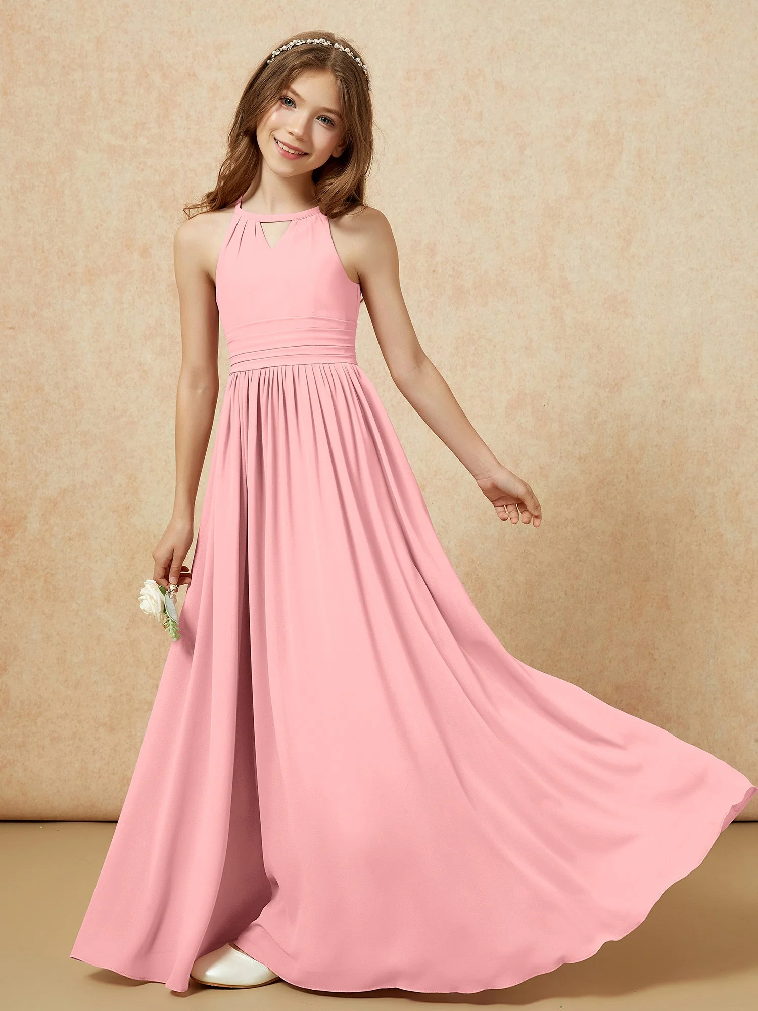 Halshalter Ärmellos Lang Chiffon Junge Brautjungfernkleider Flamingo - Image 6
