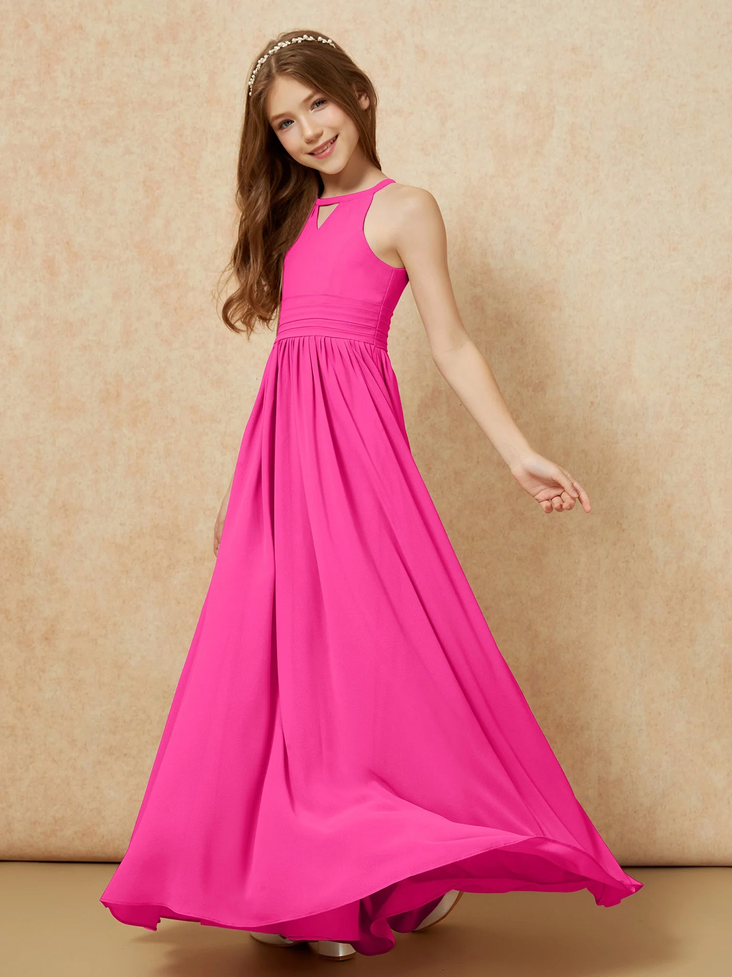 Halshalter Ärmellos Lang Chiffon Junge Brautjungfernkleider Fuchsia - Image 3