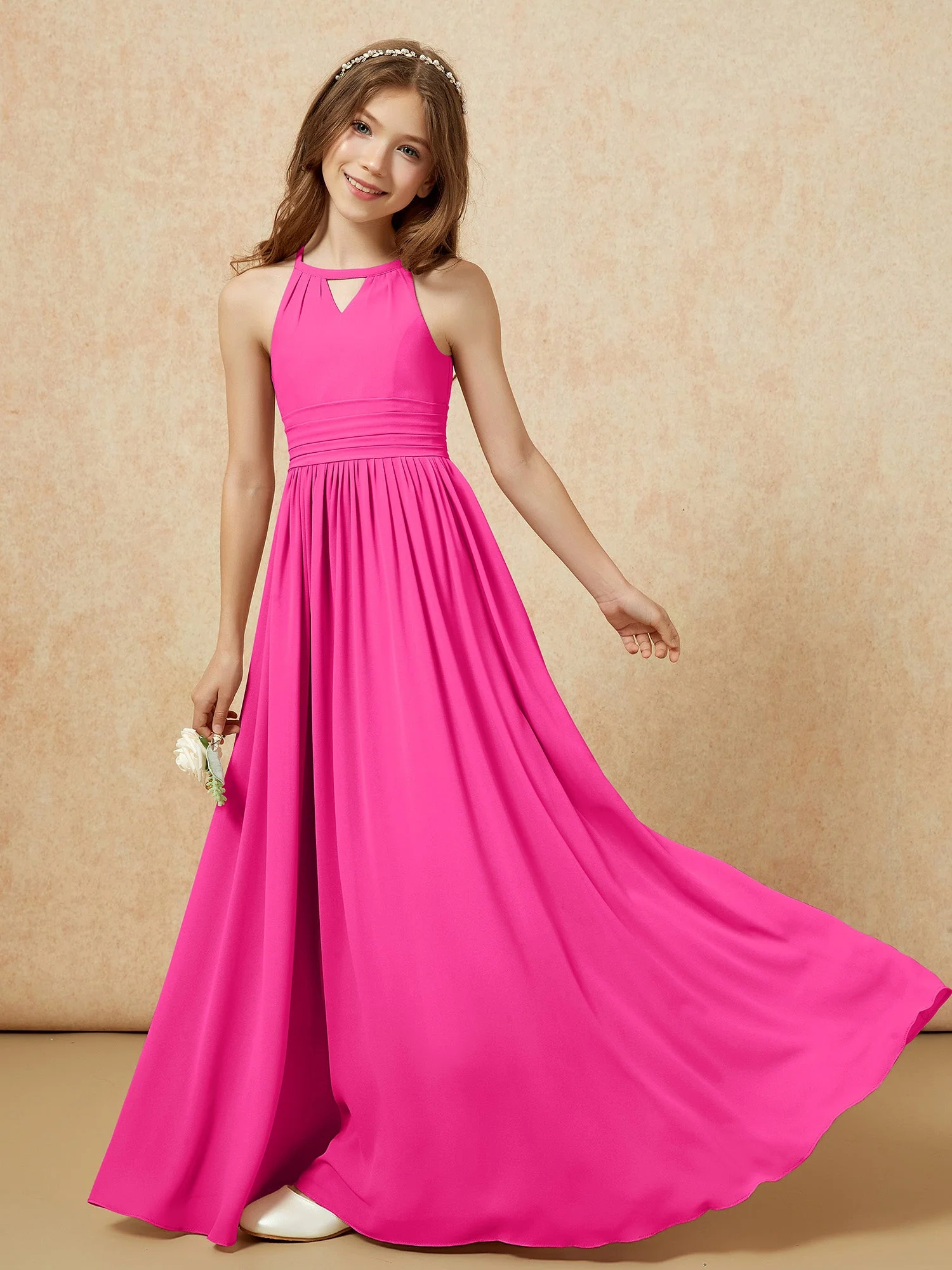 Halshalter Ärmellos Lang Chiffon Junge Brautjungfernkleider Fuchsia - Image 6