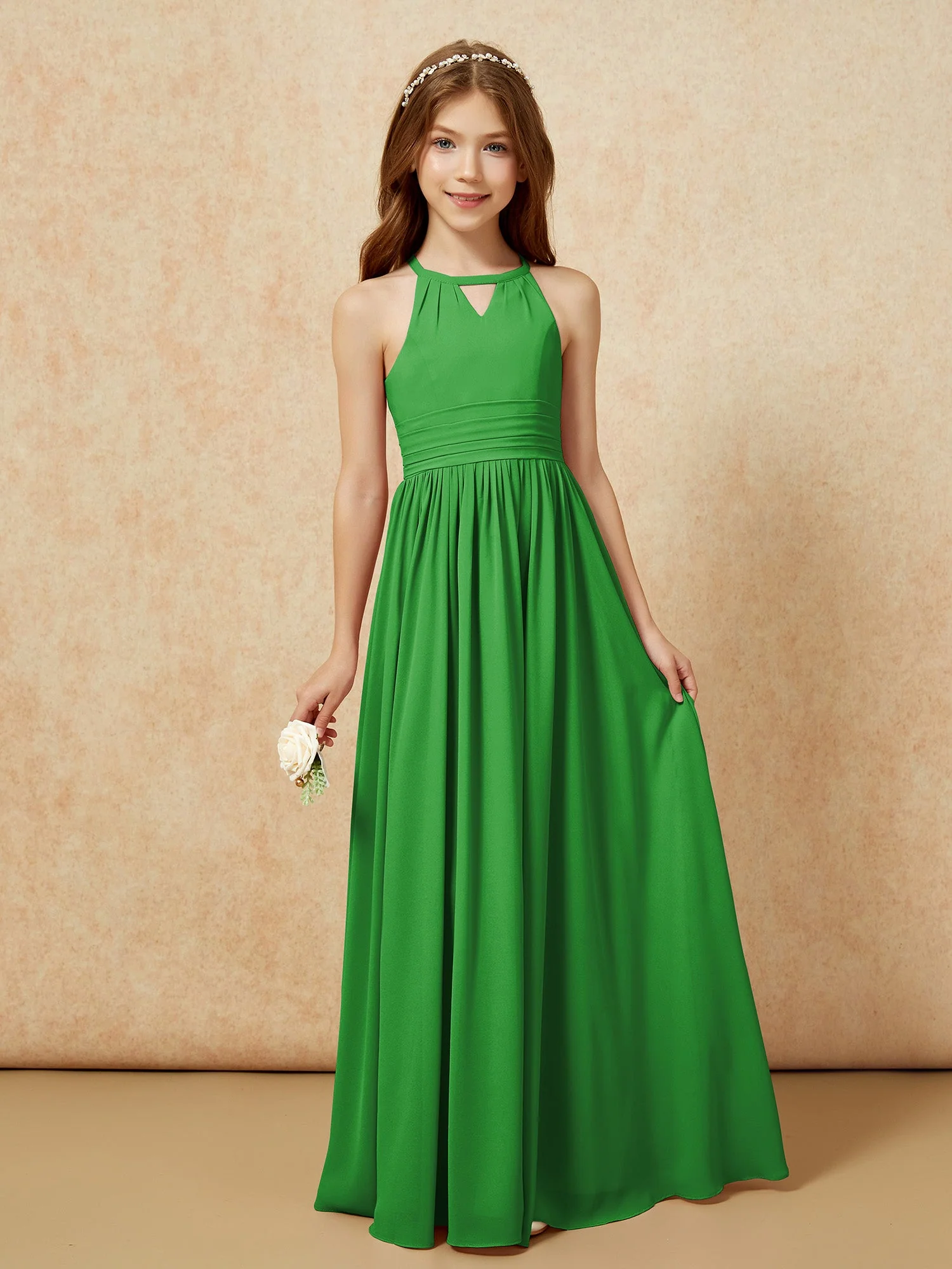 Halshalter Ärmellos Lang Chiffon Junge Brautjungfernkleider Grün