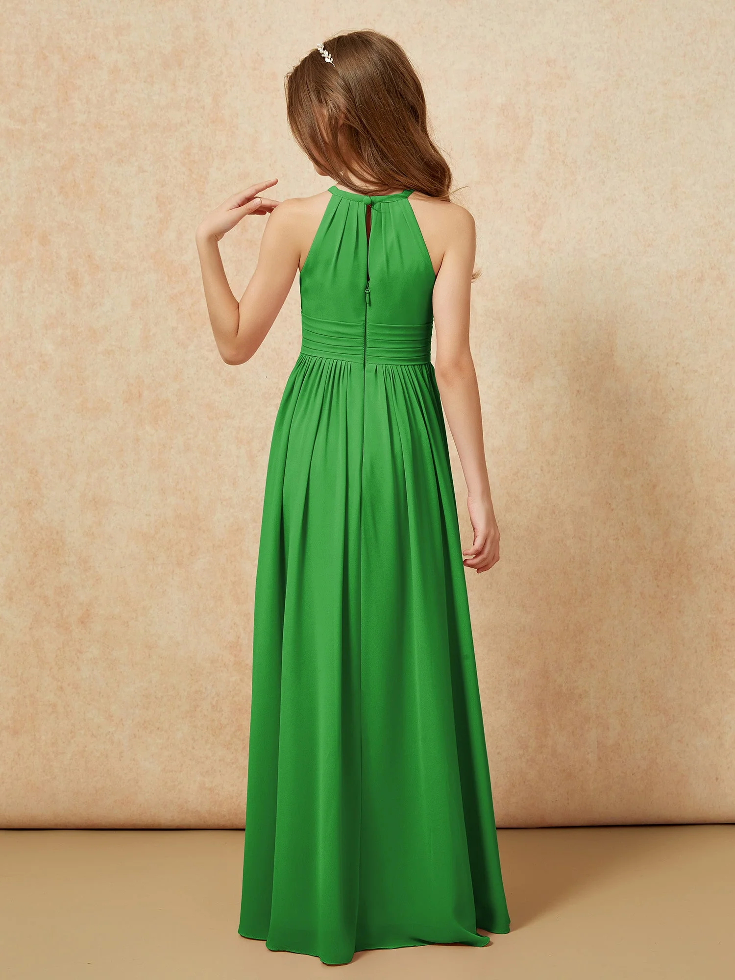 Halshalter Ärmellos Lang Chiffon Junge Brautjungfernkleider Grün - Image 2