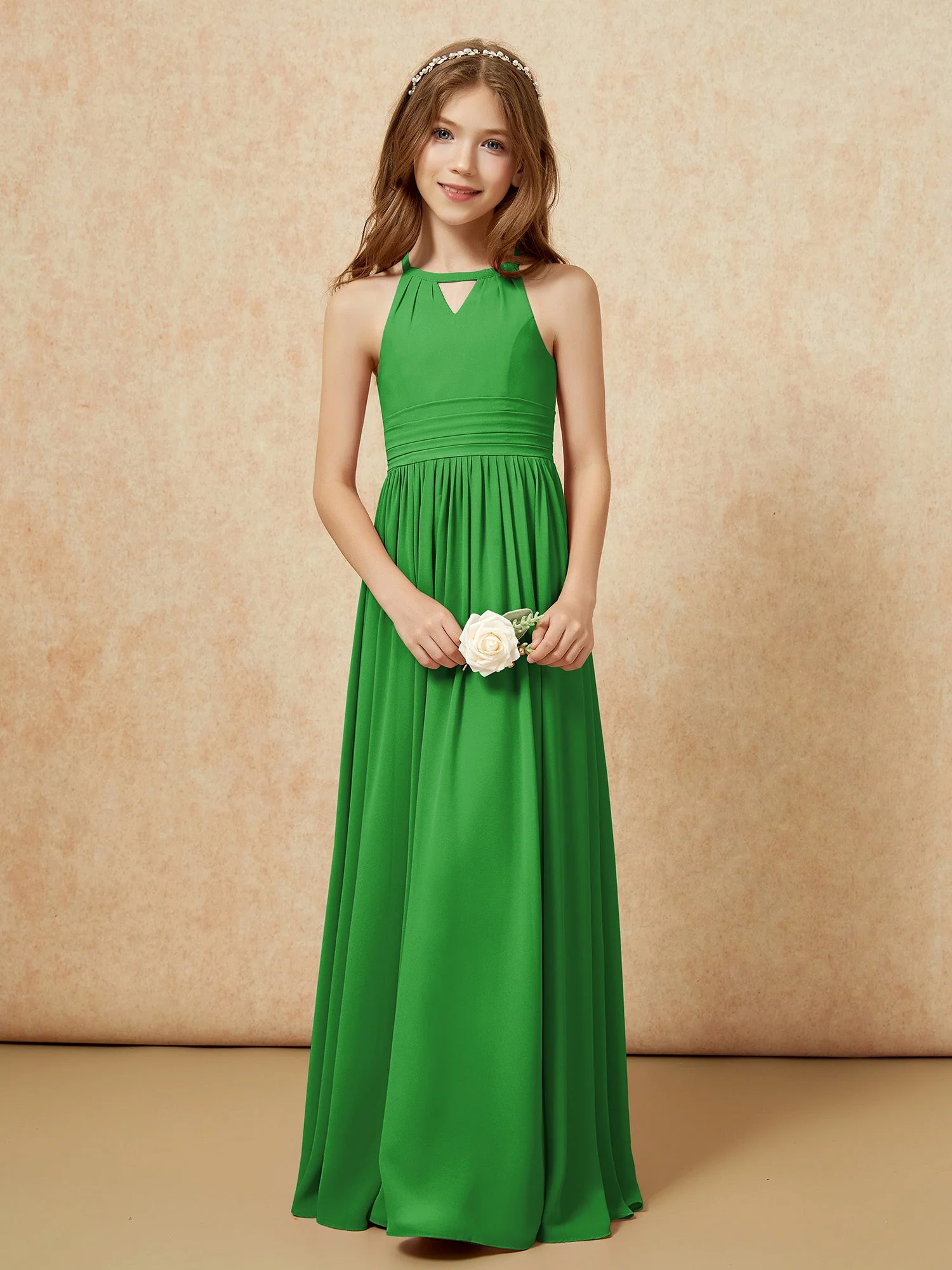 Halshalter Ärmellos Lang Chiffon Junge Brautjungfernkleider Grün - Image 5