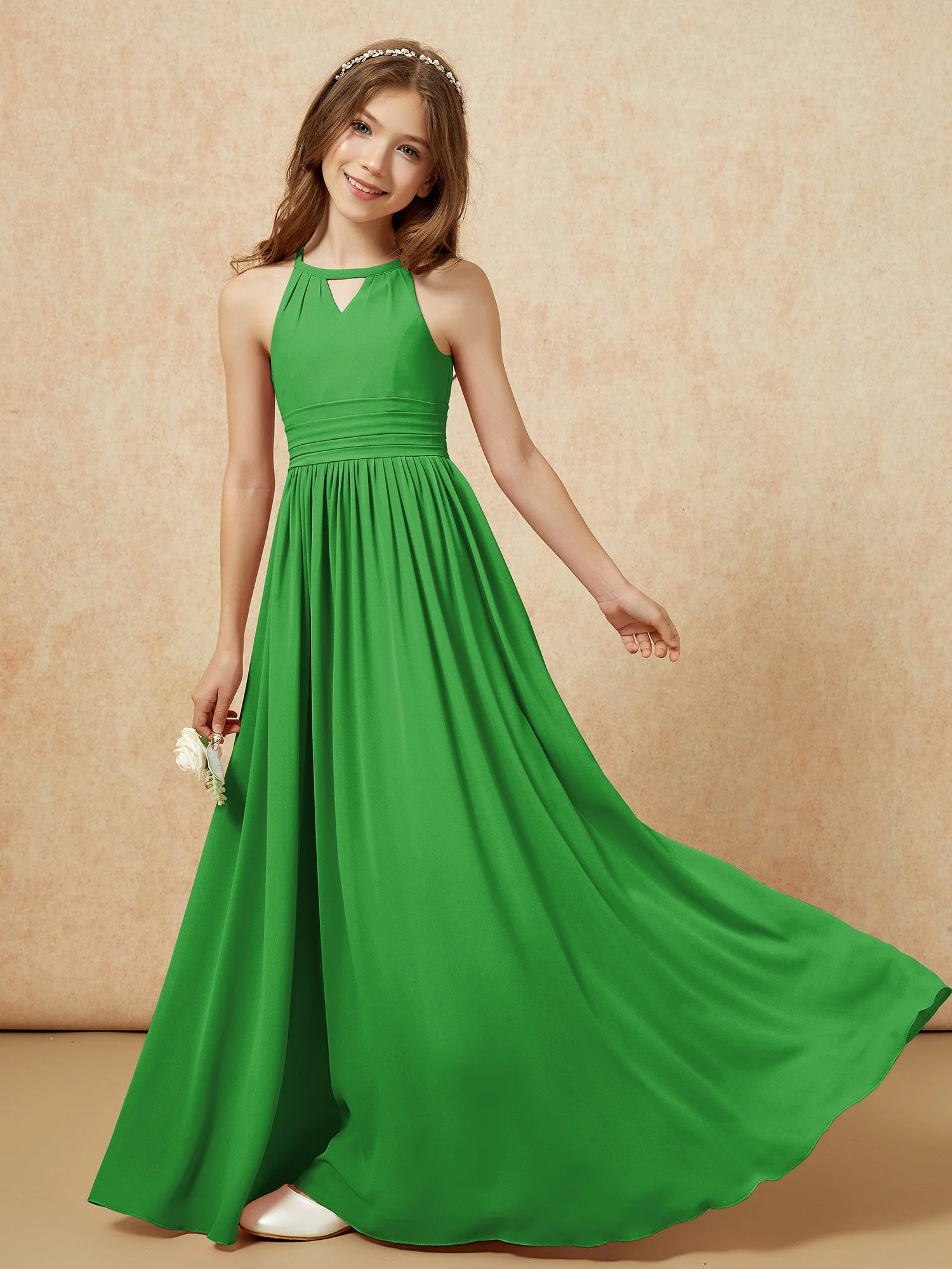 Halshalter Ärmellos Lang Chiffon Junge Brautjungfernkleider Grün - Image 6