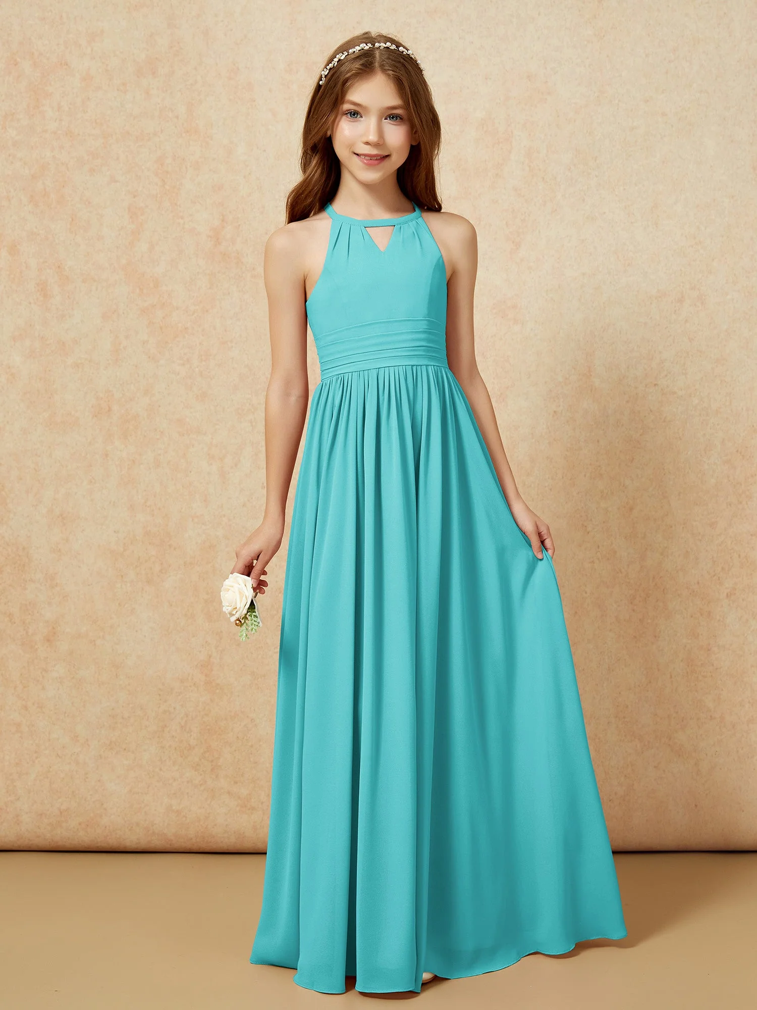 Halshalter Ärmellos Lang Chiffon Junge Brautjungfernkleider Jade