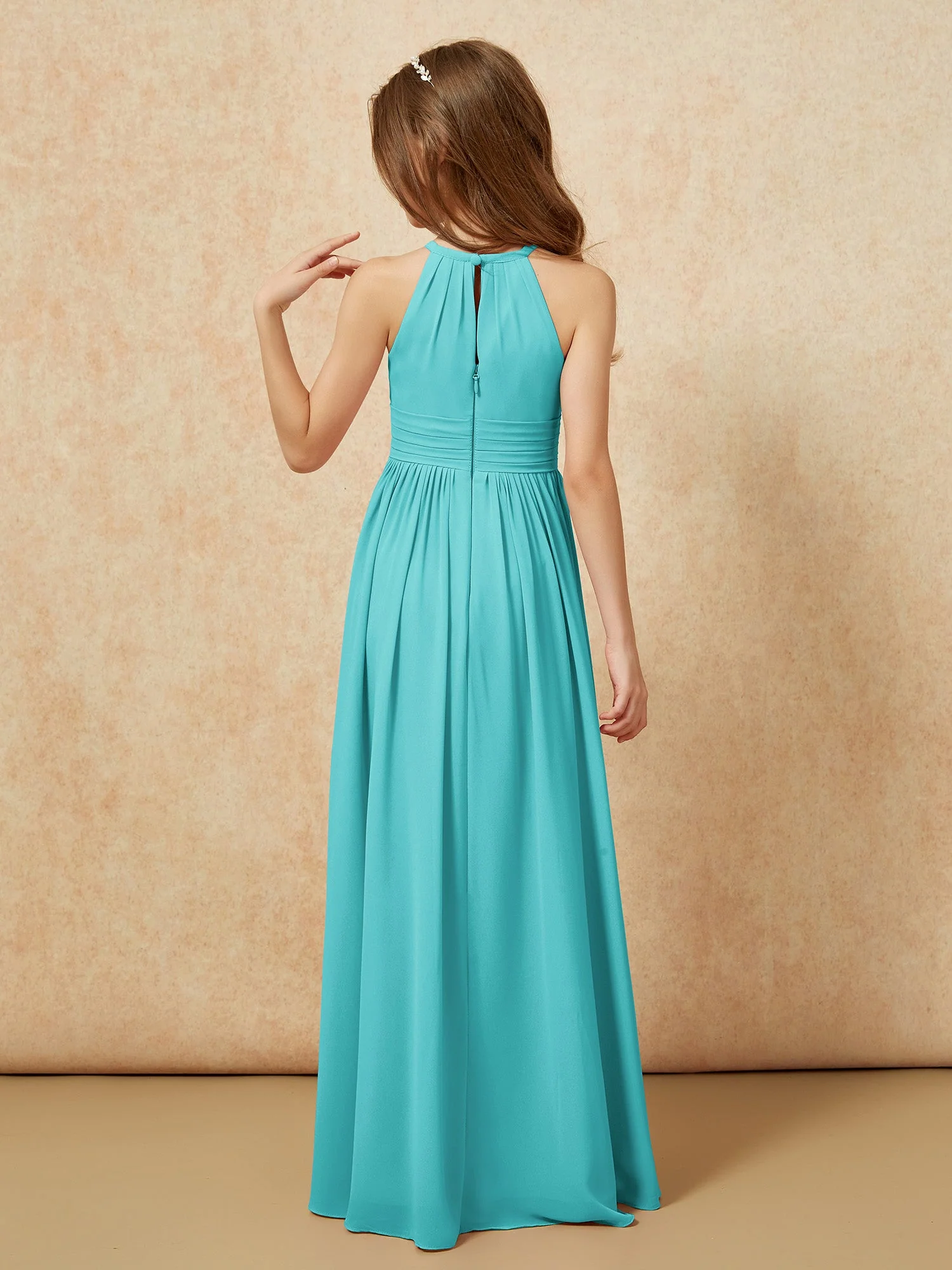 Halshalter Ärmellos Lang Chiffon Junge Brautjungfernkleider Jade - Image 2