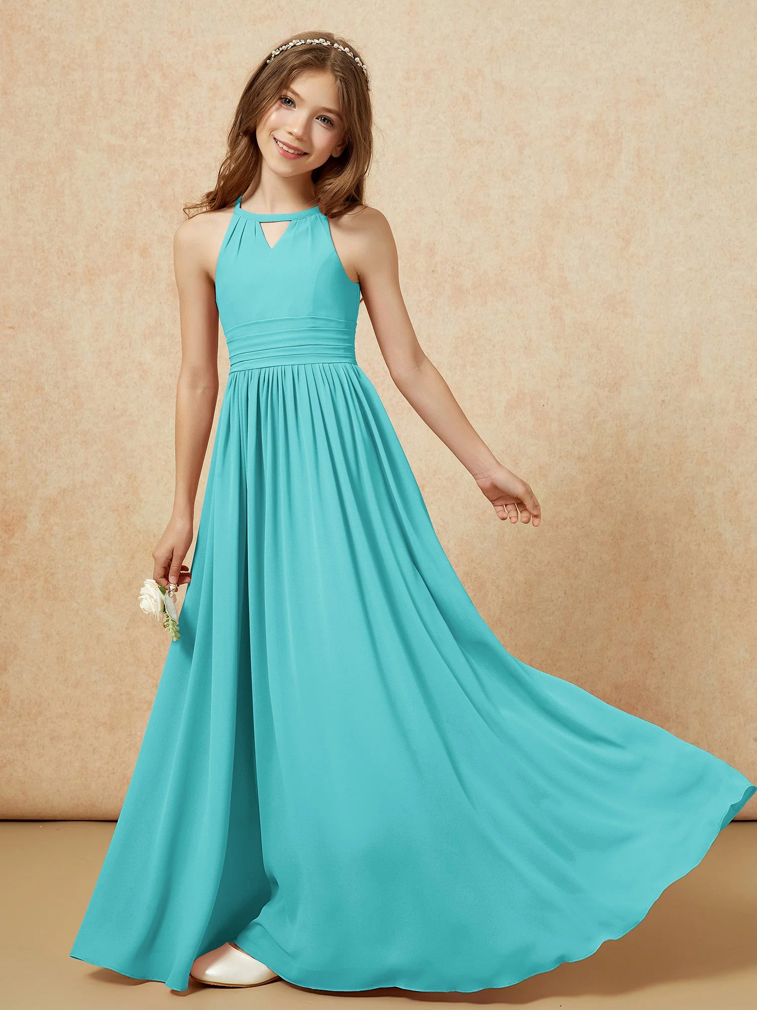 Halshalter Ärmellos Lang Chiffon Junge Brautjungfernkleider Jade - Image 6