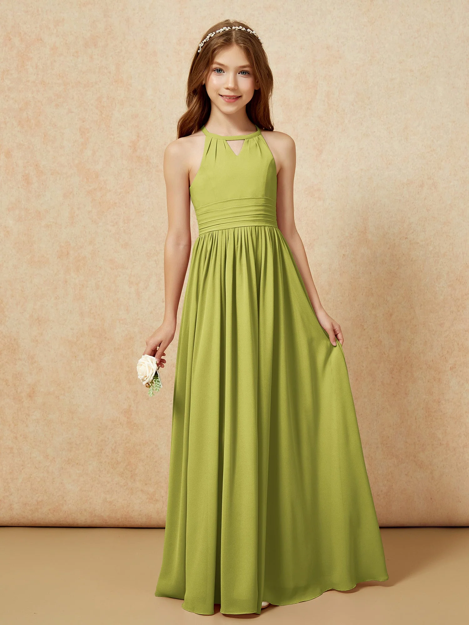 Halshalter Ärmellos Lang Chiffon Junge Brautjungfernkleider Kleegrün
