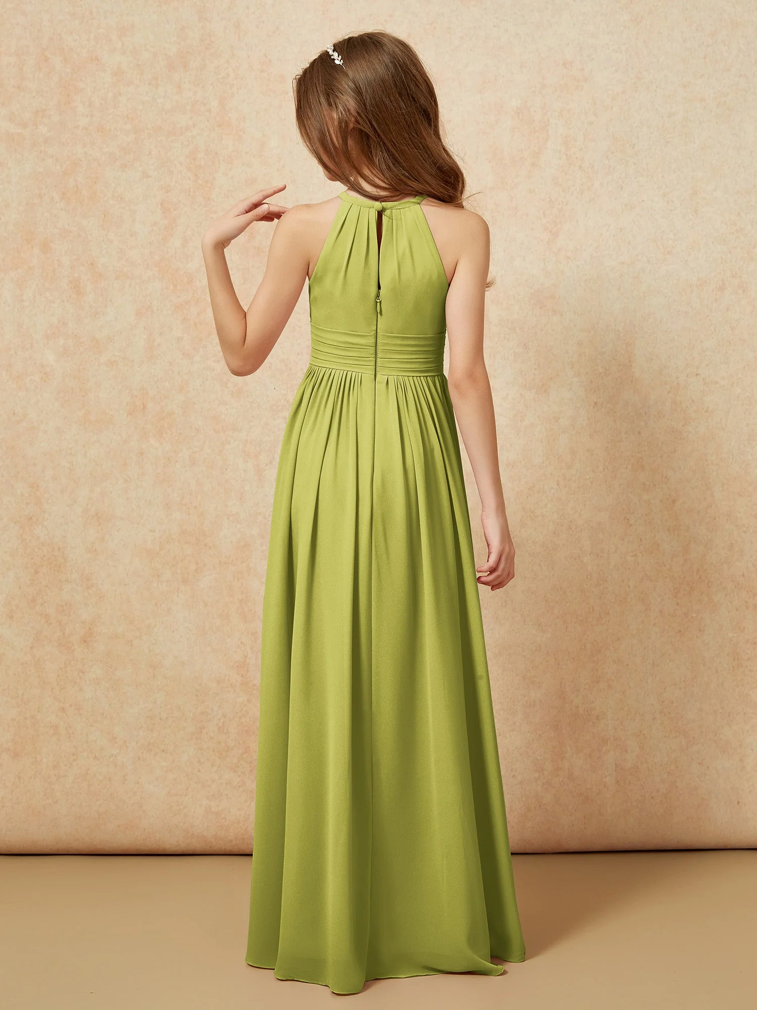 Halshalter Ärmellos Lang Chiffon Junge Brautjungfernkleider Kleegrün - Image 2