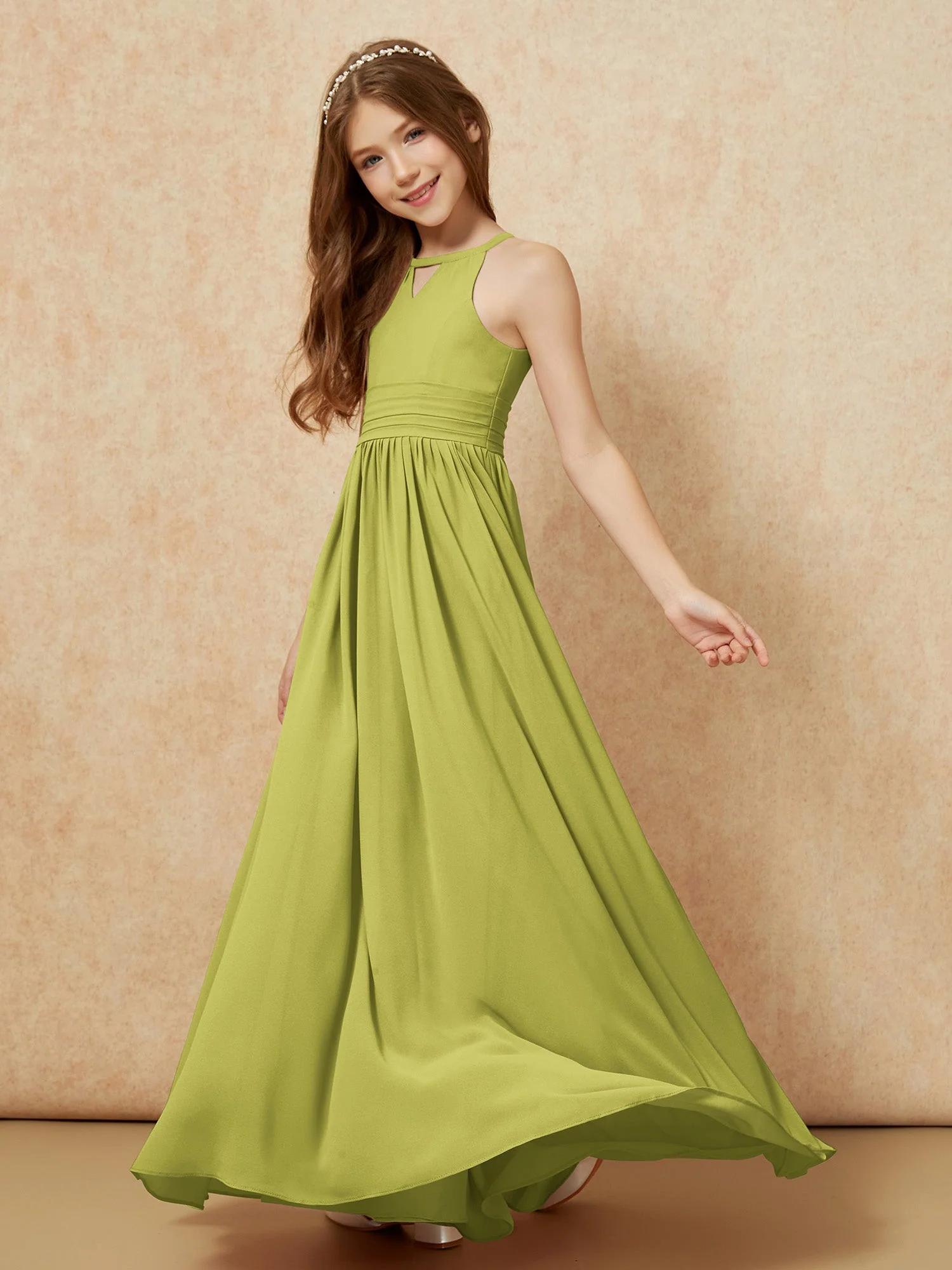 Halshalter Ärmellos Lang Chiffon Junge Brautjungfernkleider Kleegrün - Image 3