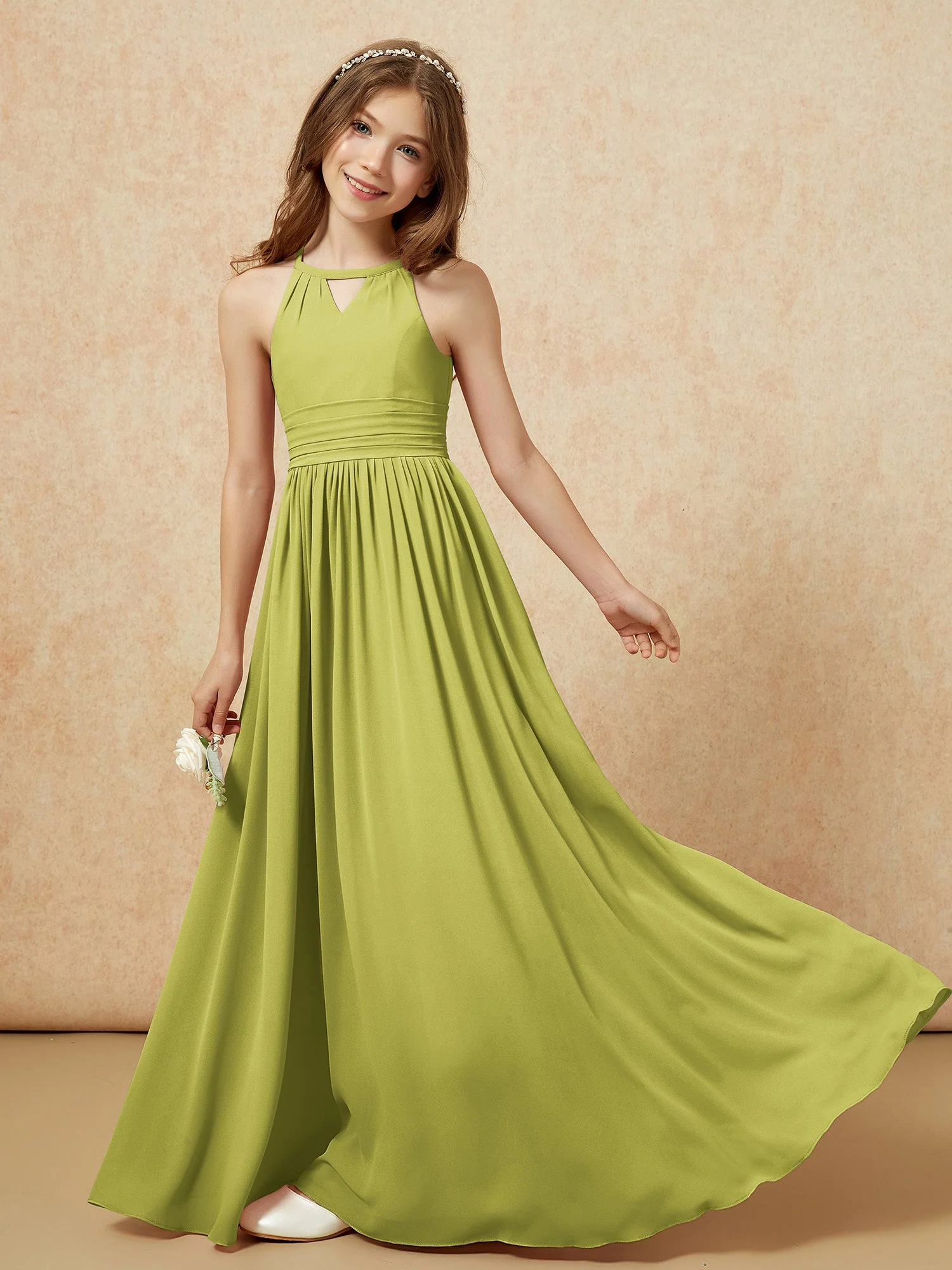 Halshalter Ärmellos Lang Chiffon Junge Brautjungfernkleider Kleegrün - Image 6