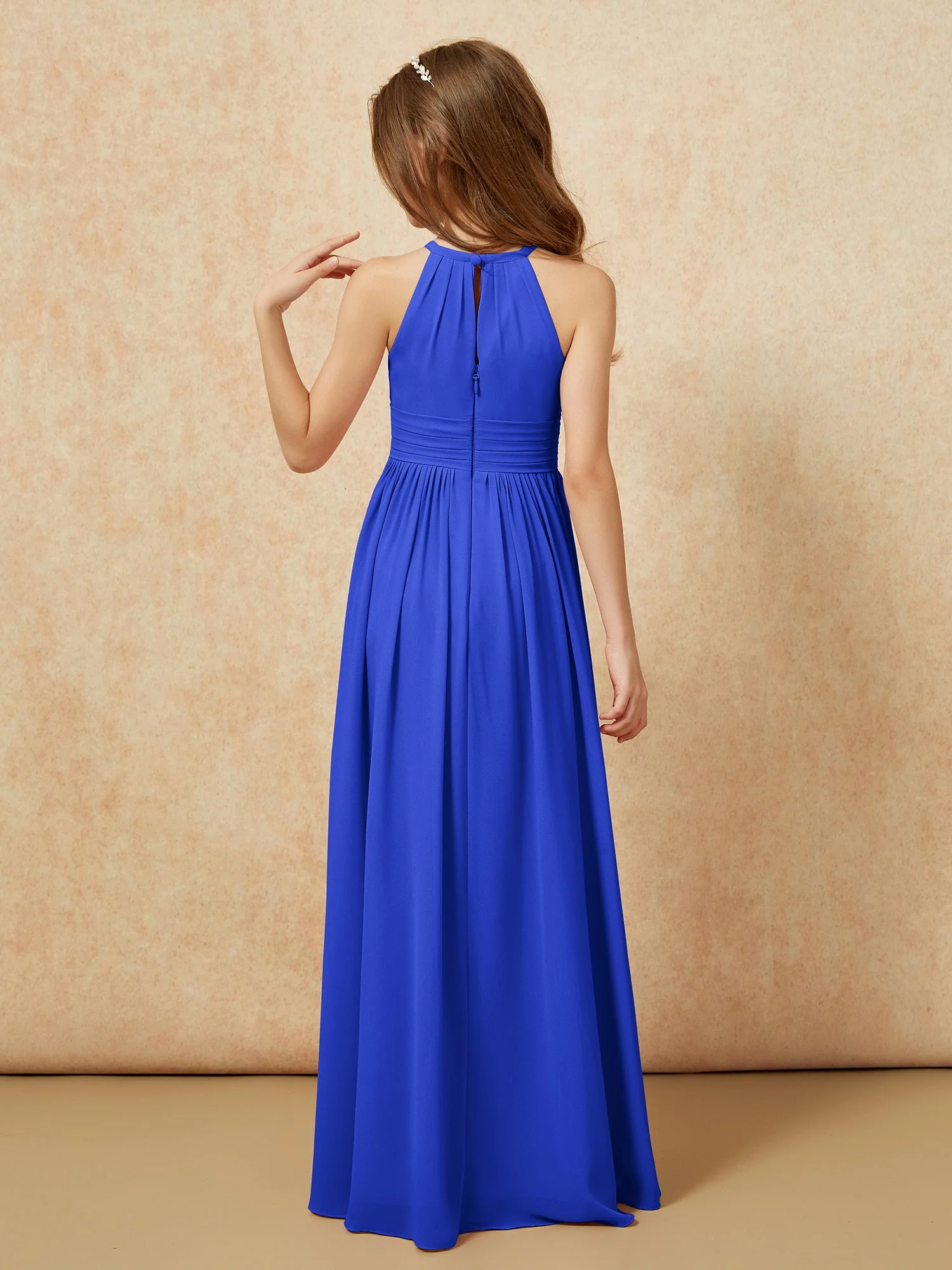 Halshalter Ärmellos Lang Chiffon Junge Brautjungfernkleider Königsblau - Image 2