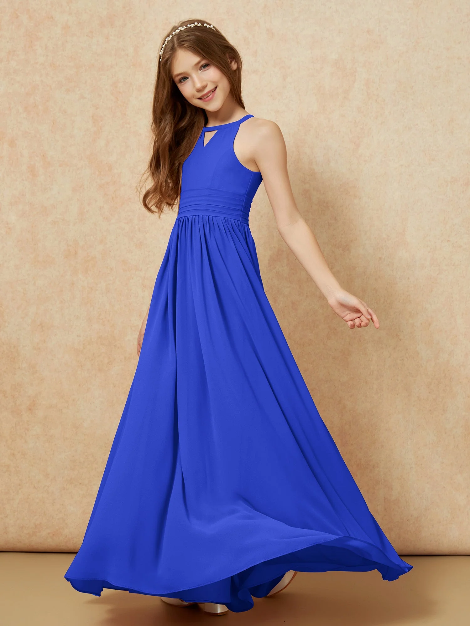 Halshalter Ärmellos Lang Chiffon Junge Brautjungfernkleider Königsblau - Image 3