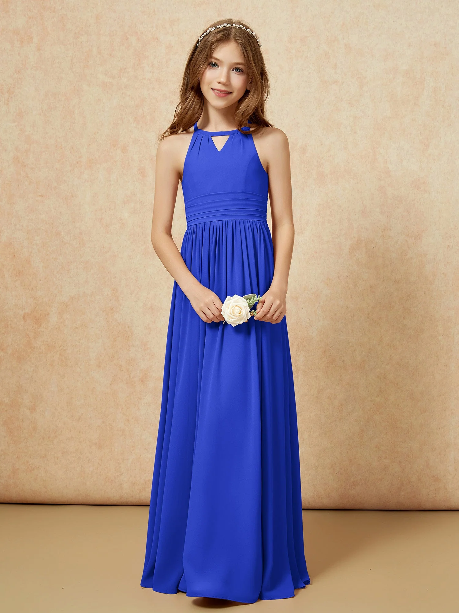 Halshalter Ärmellos Lang Chiffon Junge Brautjungfernkleider Königsblau - Image 5
