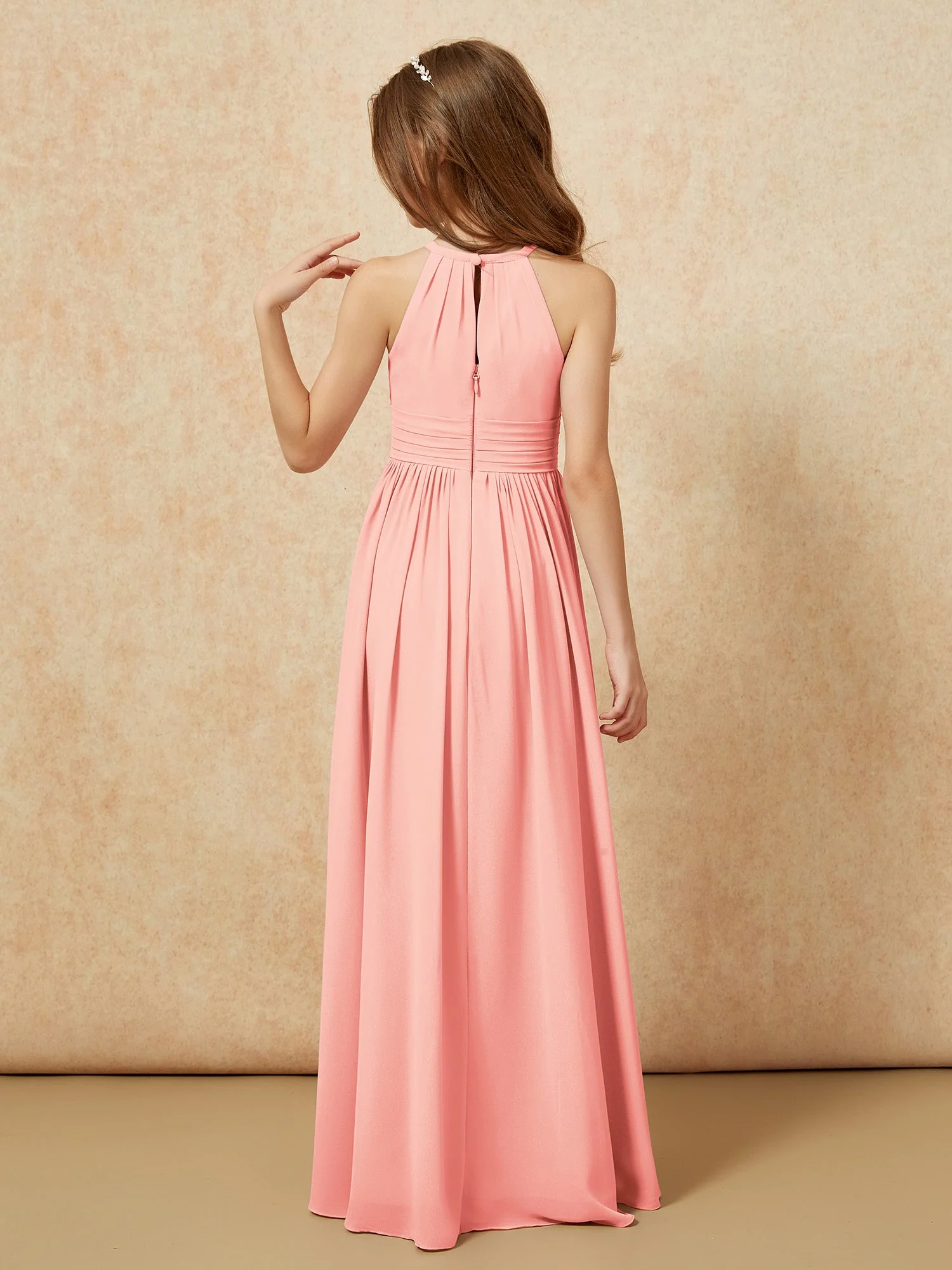 Halshalter Ärmellos Lang Chiffon Junge Brautjungfernkleider Koralle - Image 2