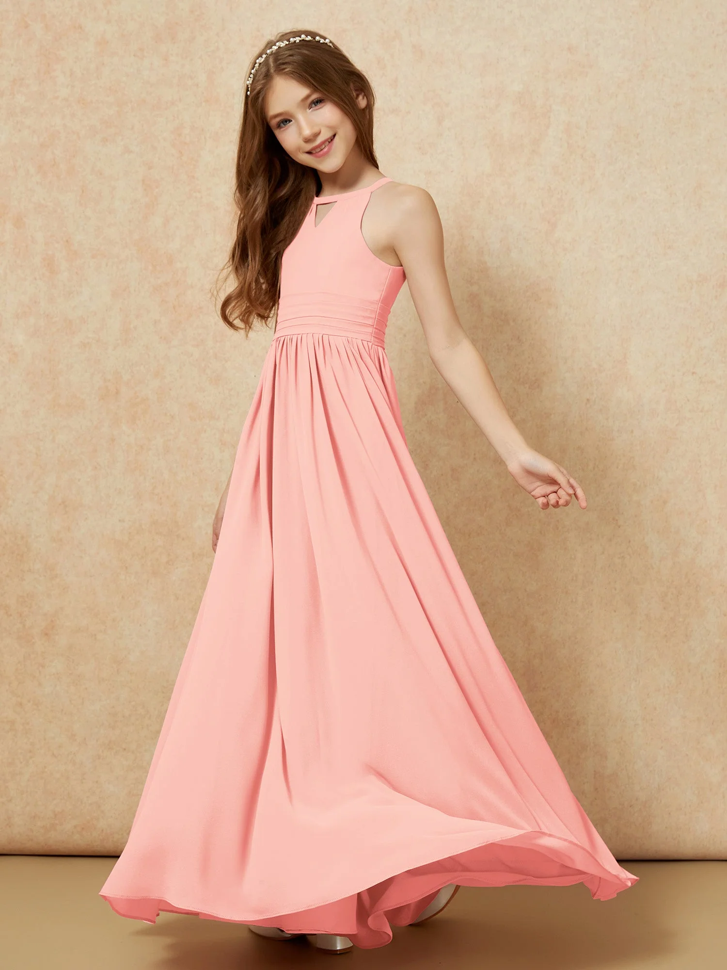 Halshalter Ärmellos Lang Chiffon Junge Brautjungfernkleider Koralle - Image 3