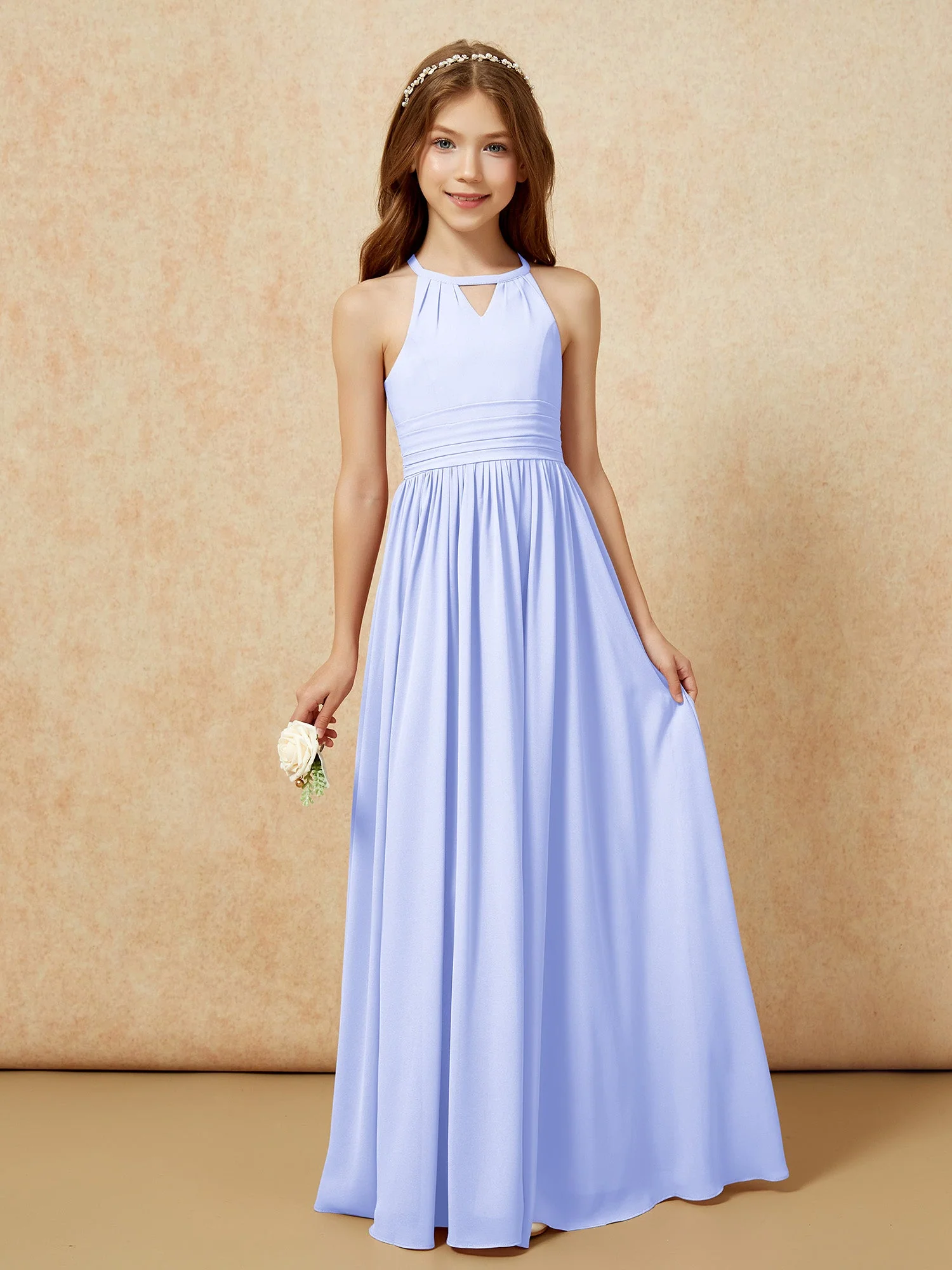 Halshalter Ärmellos Lang Chiffon Junge Brautjungfernkleider Lavendel