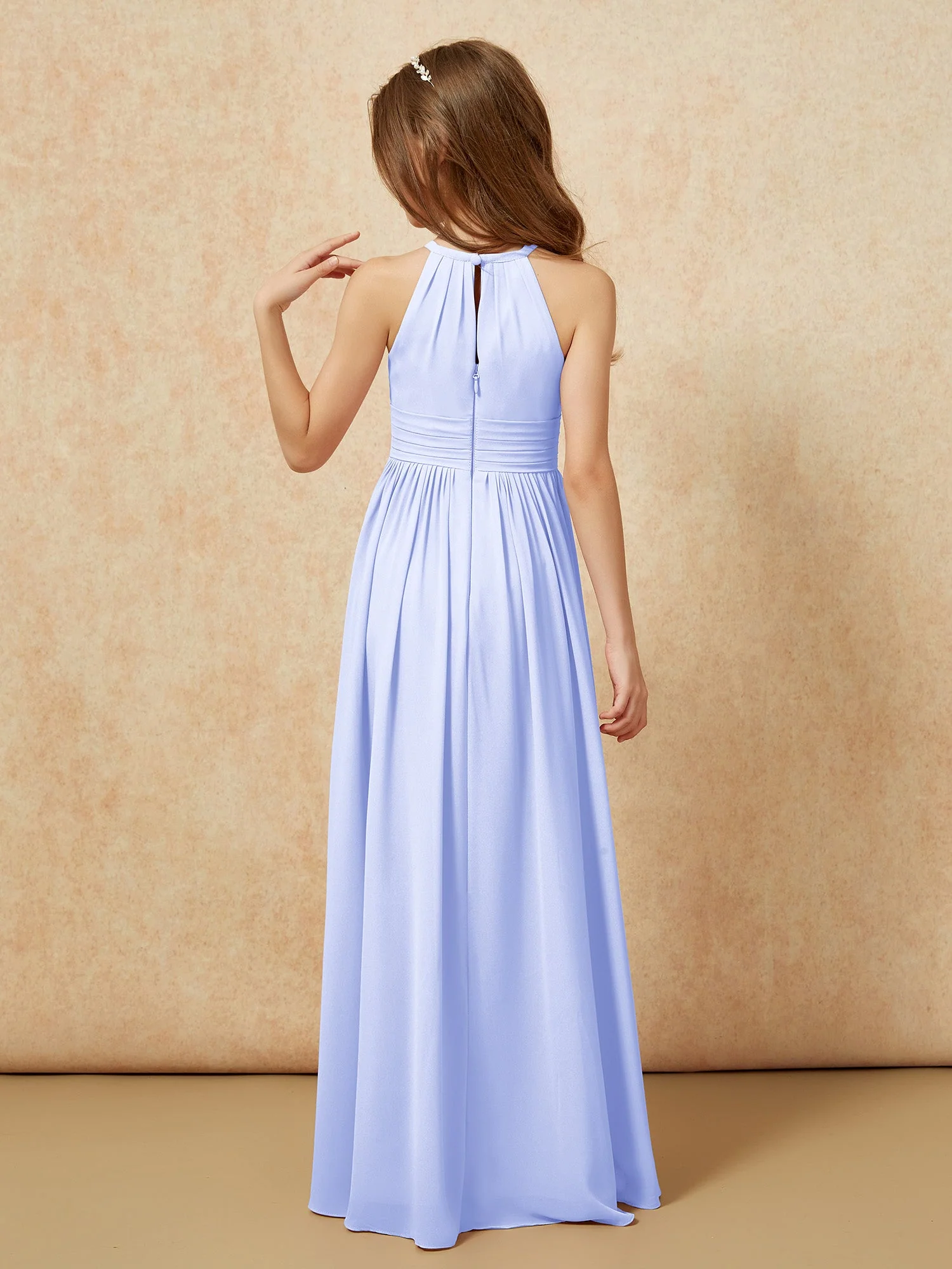 Halshalter Ärmellos Lang Chiffon Junge Brautjungfernkleider Lavendel - Image 2