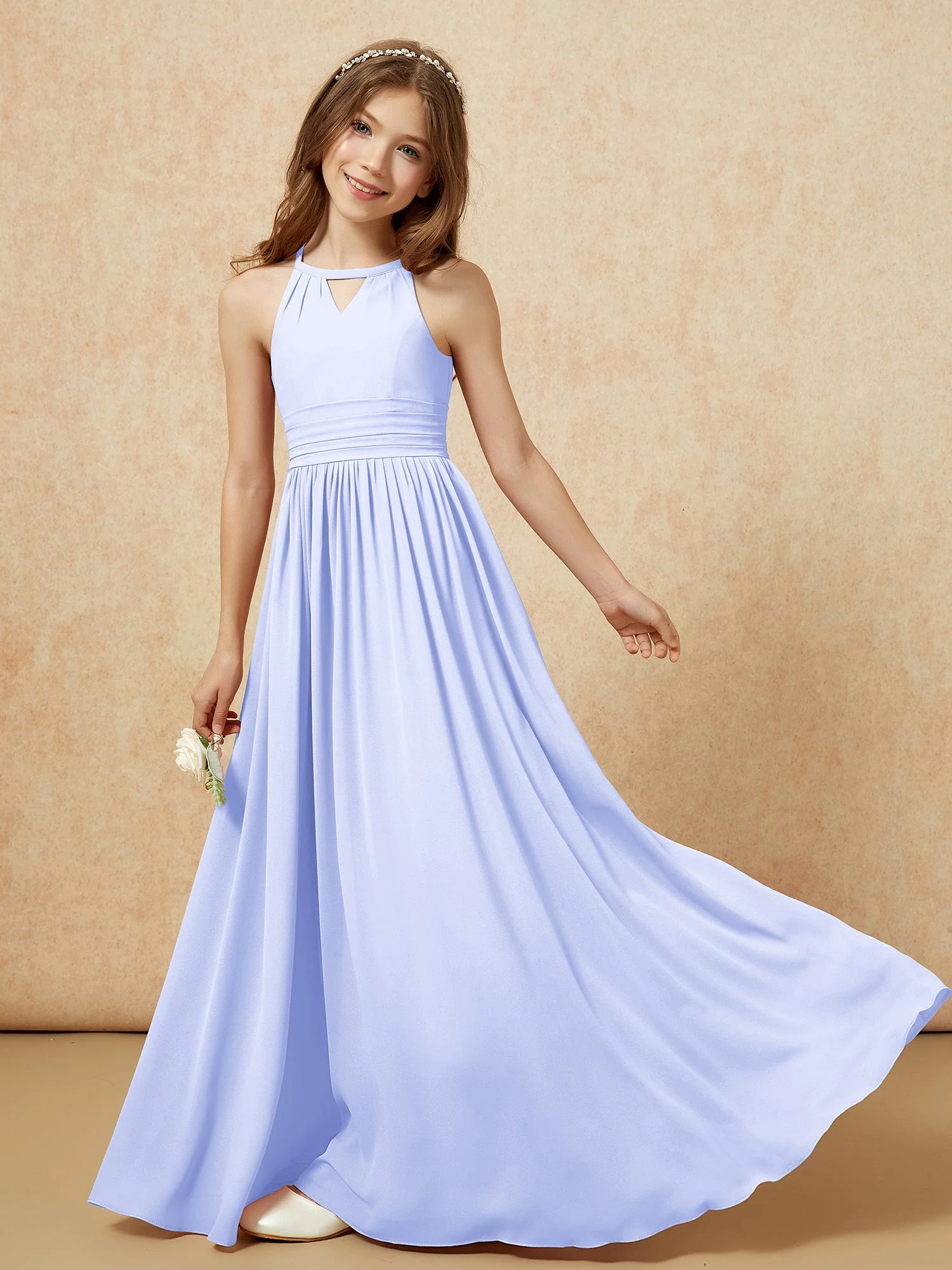 Halshalter Ärmellos Lang Chiffon Junge Brautjungfernkleider Lavendel - Image 6