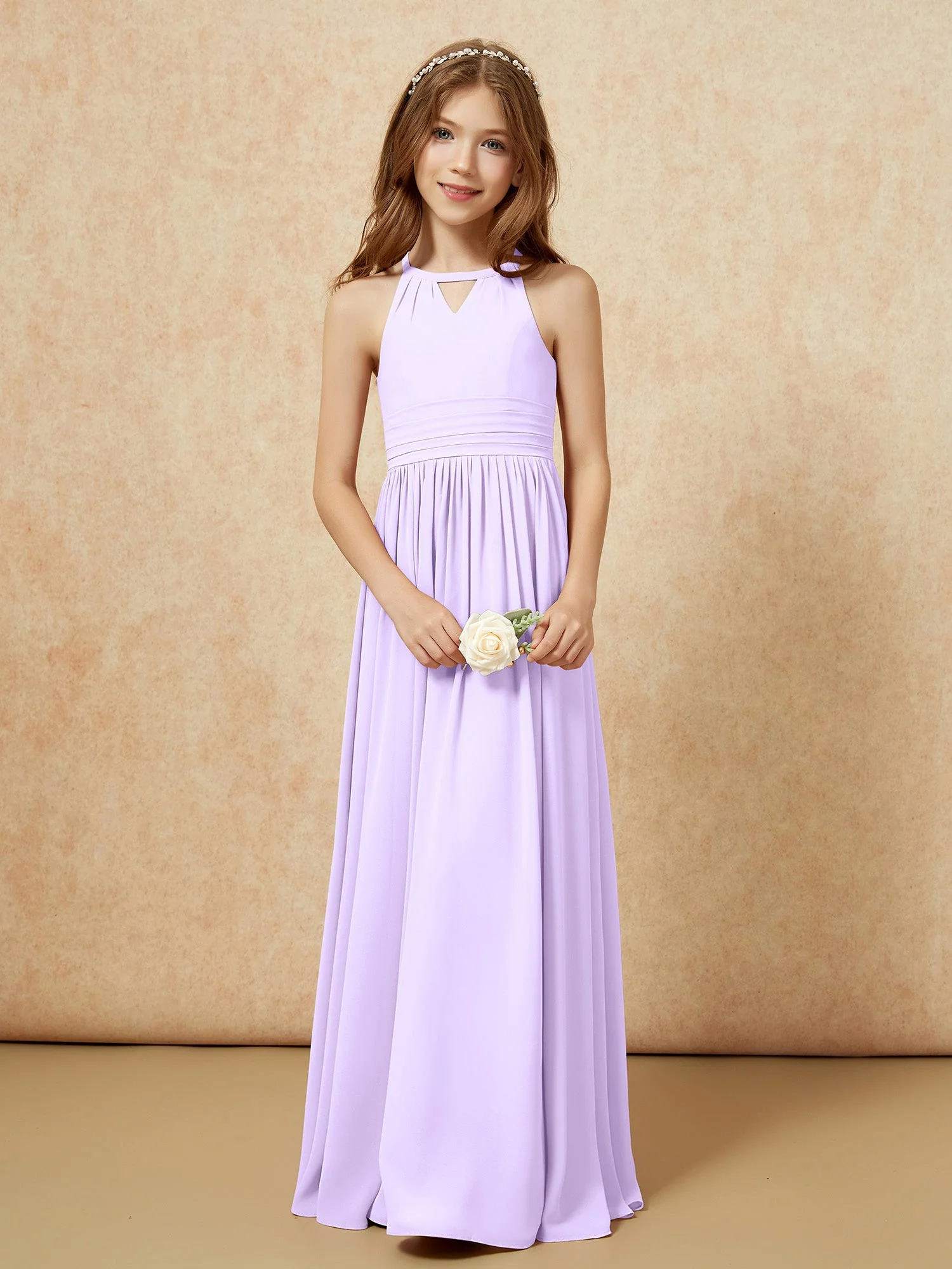Halshalter Ärmellos Lang Chiffon Junge Brautjungfernkleider Lila - Image 5