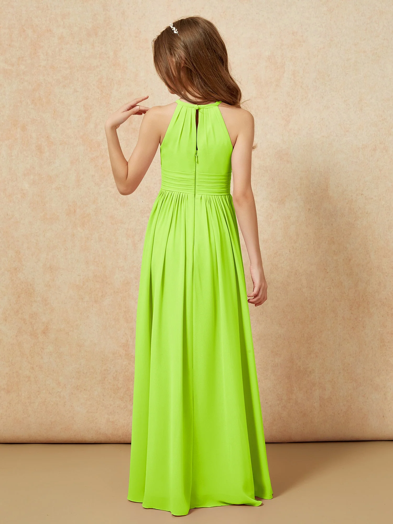 Halshalter Ärmellos Lang Chiffon Junge Brautjungfernkleider Lindgrün - Image 2