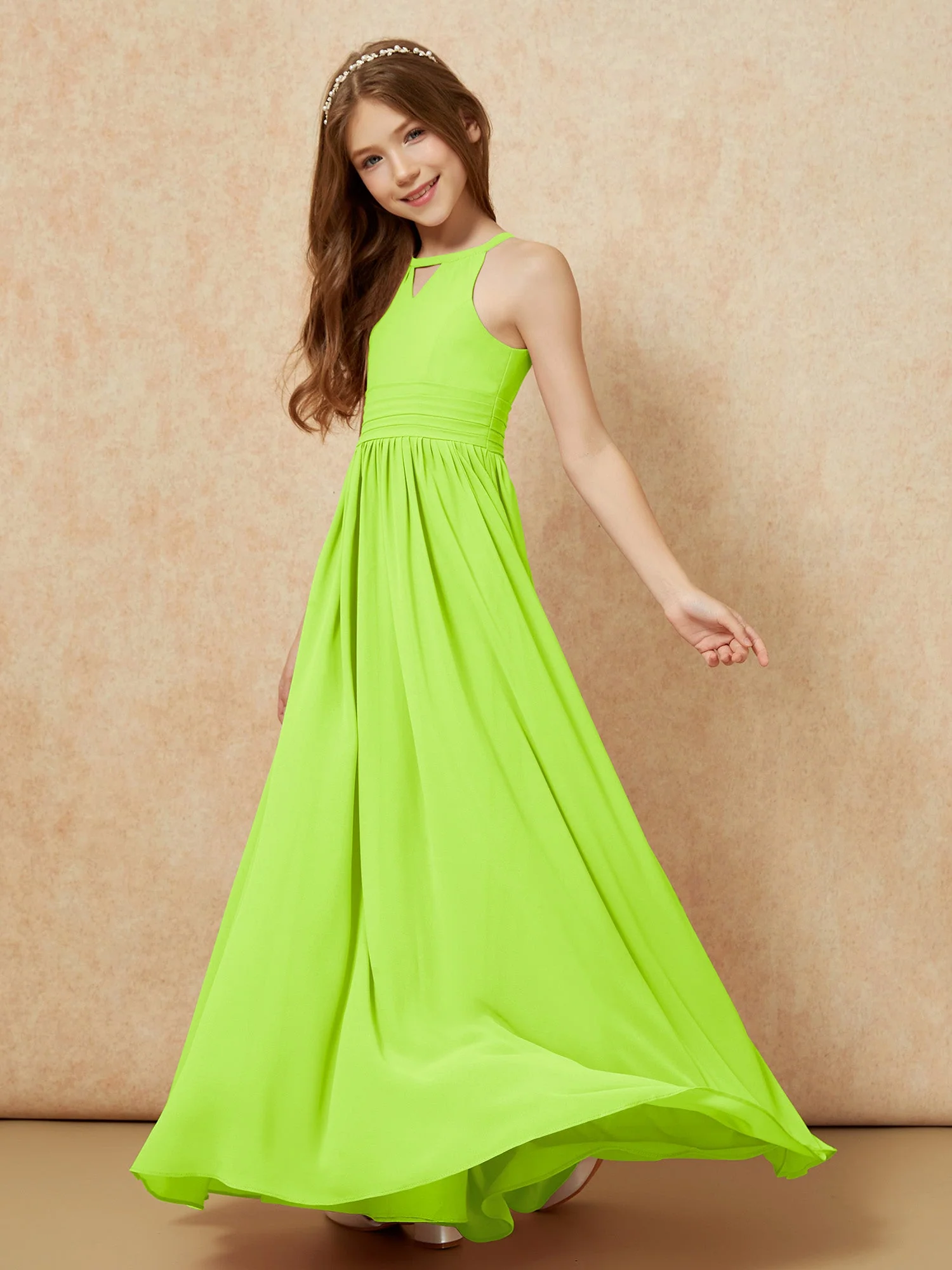 Halshalter Ärmellos Lang Chiffon Junge Brautjungfernkleider Lindgrün - Image 3