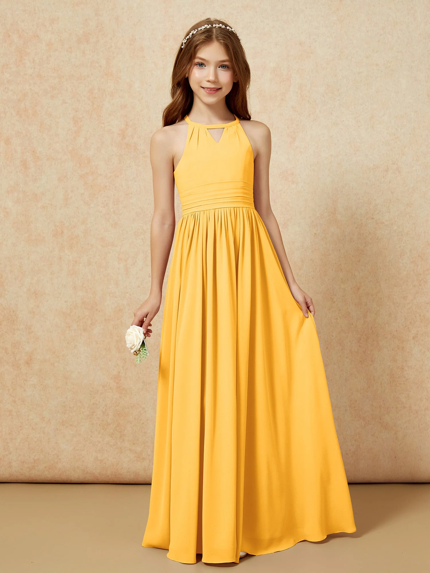Halshalter Ärmellos Lang Chiffon Junge Brautjungfernkleider Mandarine