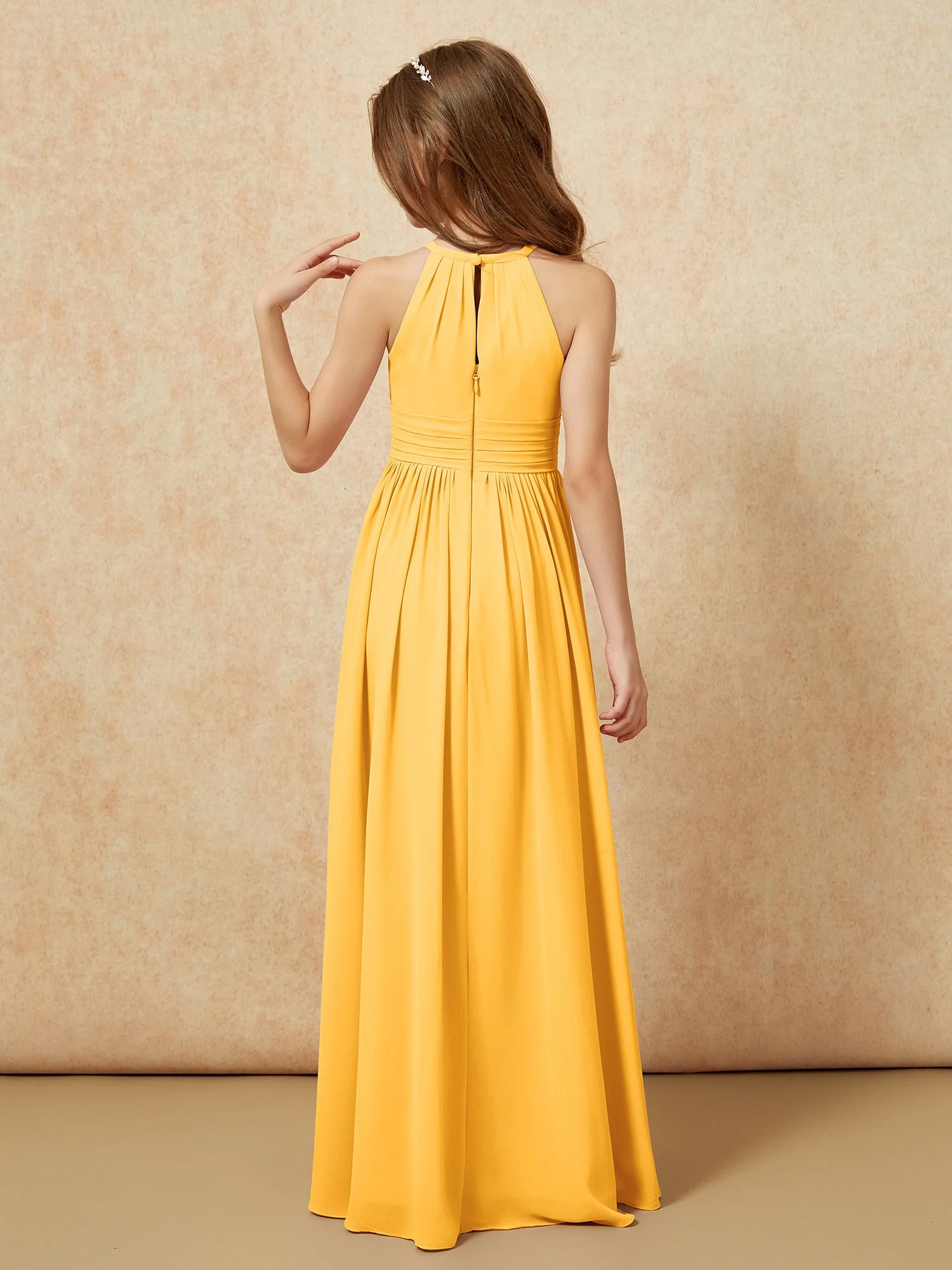 Halshalter Ärmellos Lang Chiffon Junge Brautjungfernkleider Mandarine - Image 2