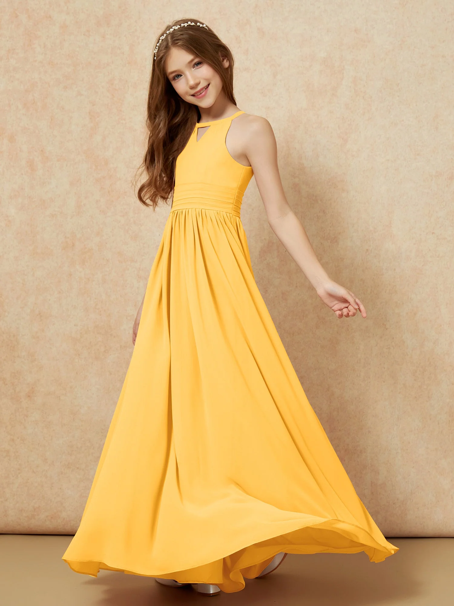 Halshalter Ärmellos Lang Chiffon Junge Brautjungfernkleider Mandarine - Image 3