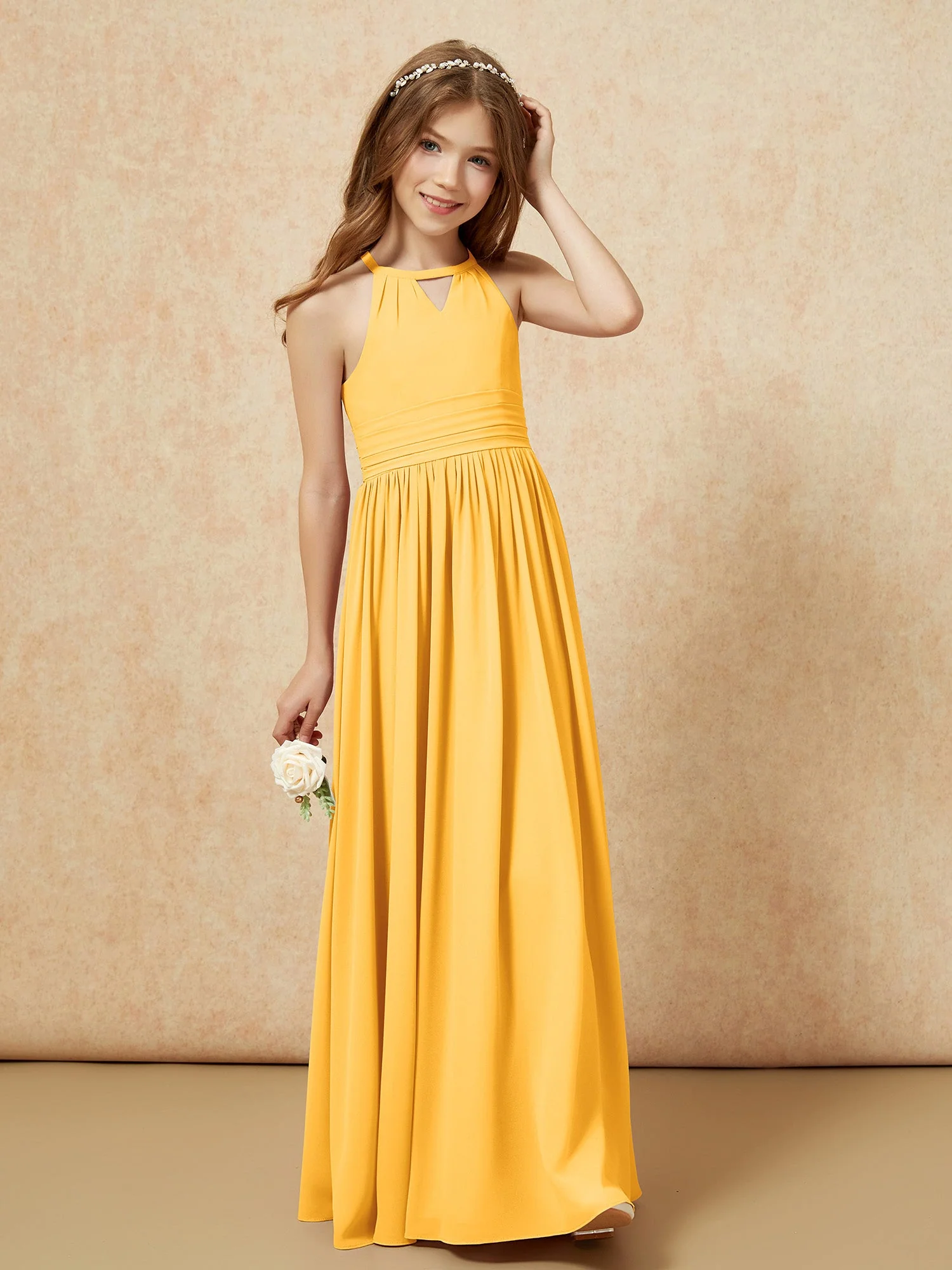 Halshalter Ärmellos Lang Chiffon Junge Brautjungfernkleider Mandarine - Image 4