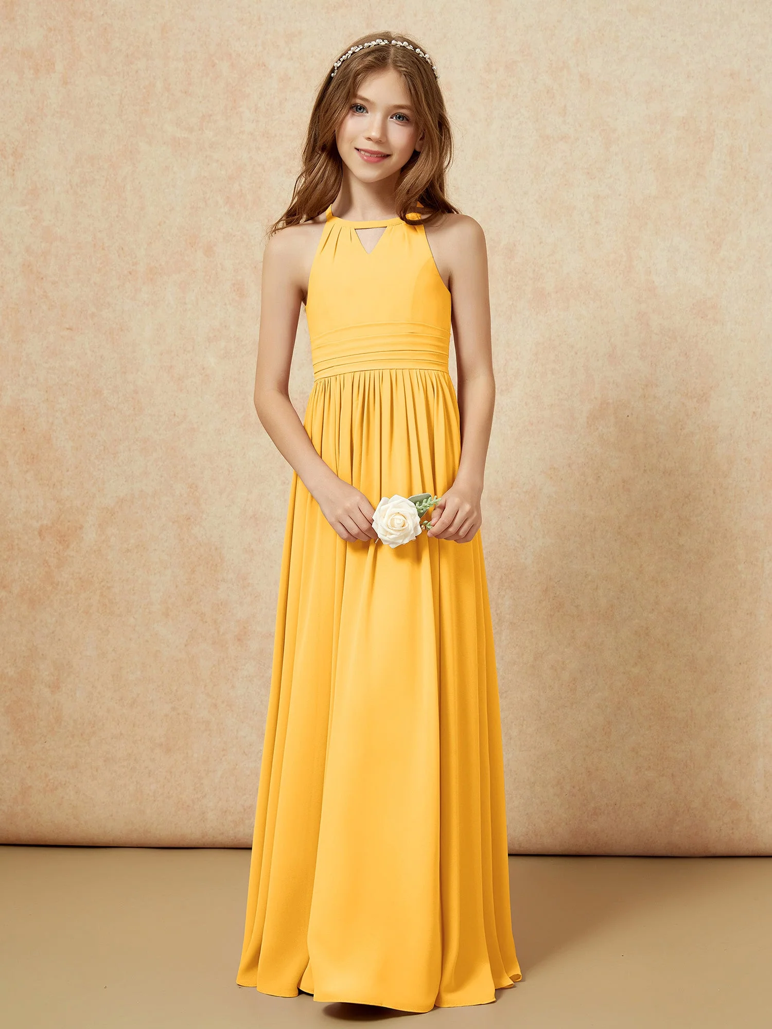 Halshalter Ärmellos Lang Chiffon Junge Brautjungfernkleider Mandarine - Image 5