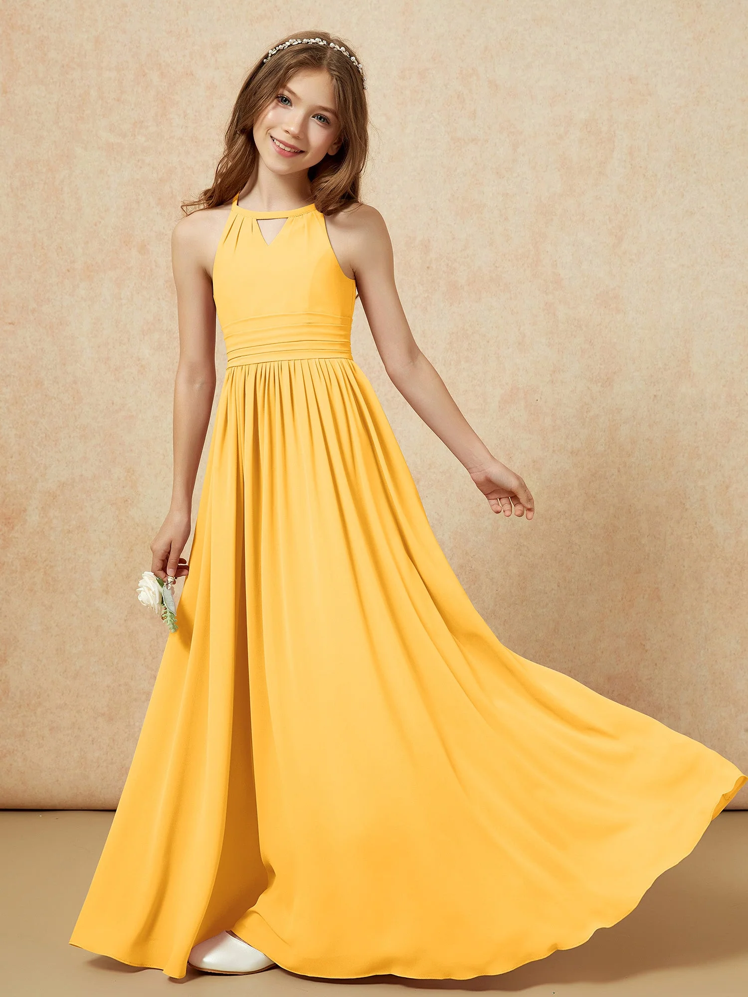 Halshalter Ärmellos Lang Chiffon Junge Brautjungfernkleider Mandarine - Image 6