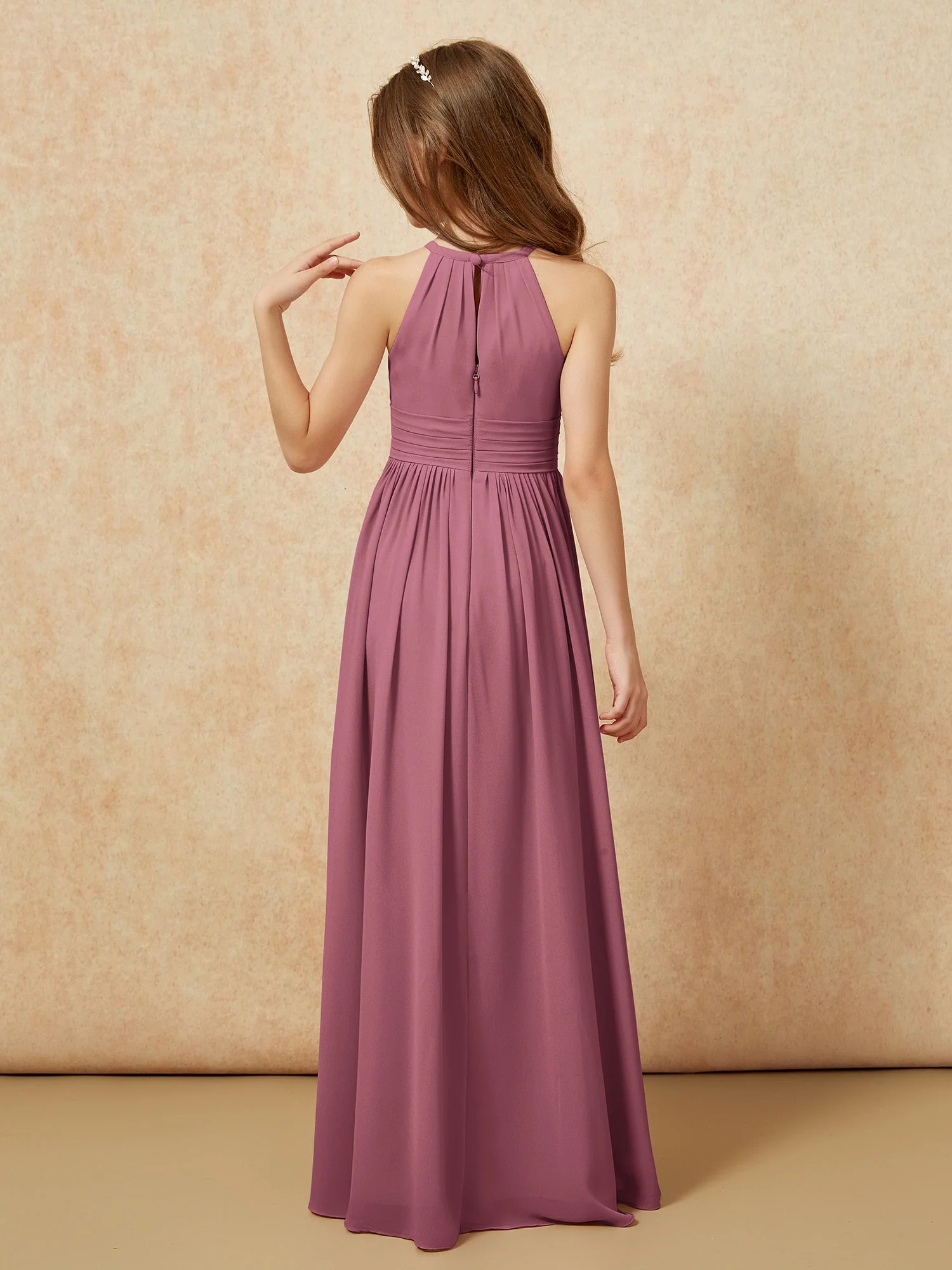 Halshalter Ärmellos Lang Chiffon Junge Brautjungfernkleider Maulbeere - Image 2