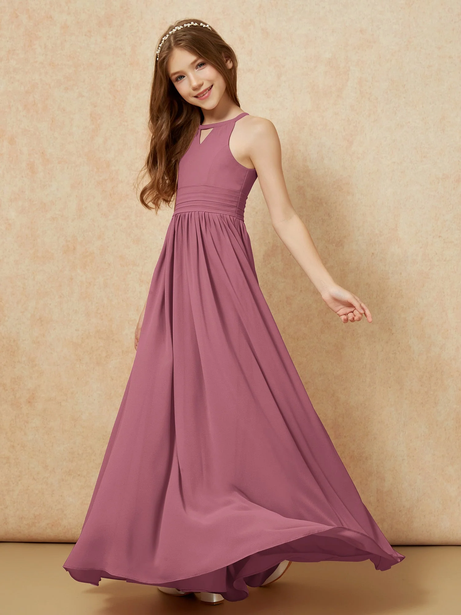 Halshalter Ärmellos Lang Chiffon Junge Brautjungfernkleider Maulbeere - Image 3
