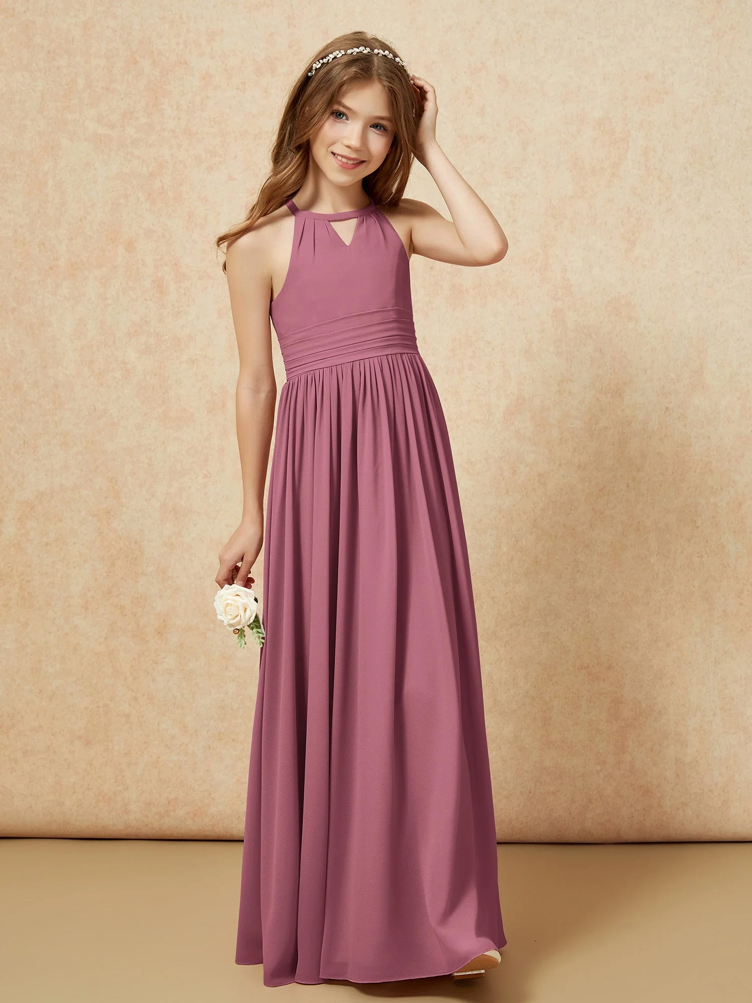 Halshalter Ärmellos Lang Chiffon Junge Brautjungfernkleider Maulbeere - Image 4